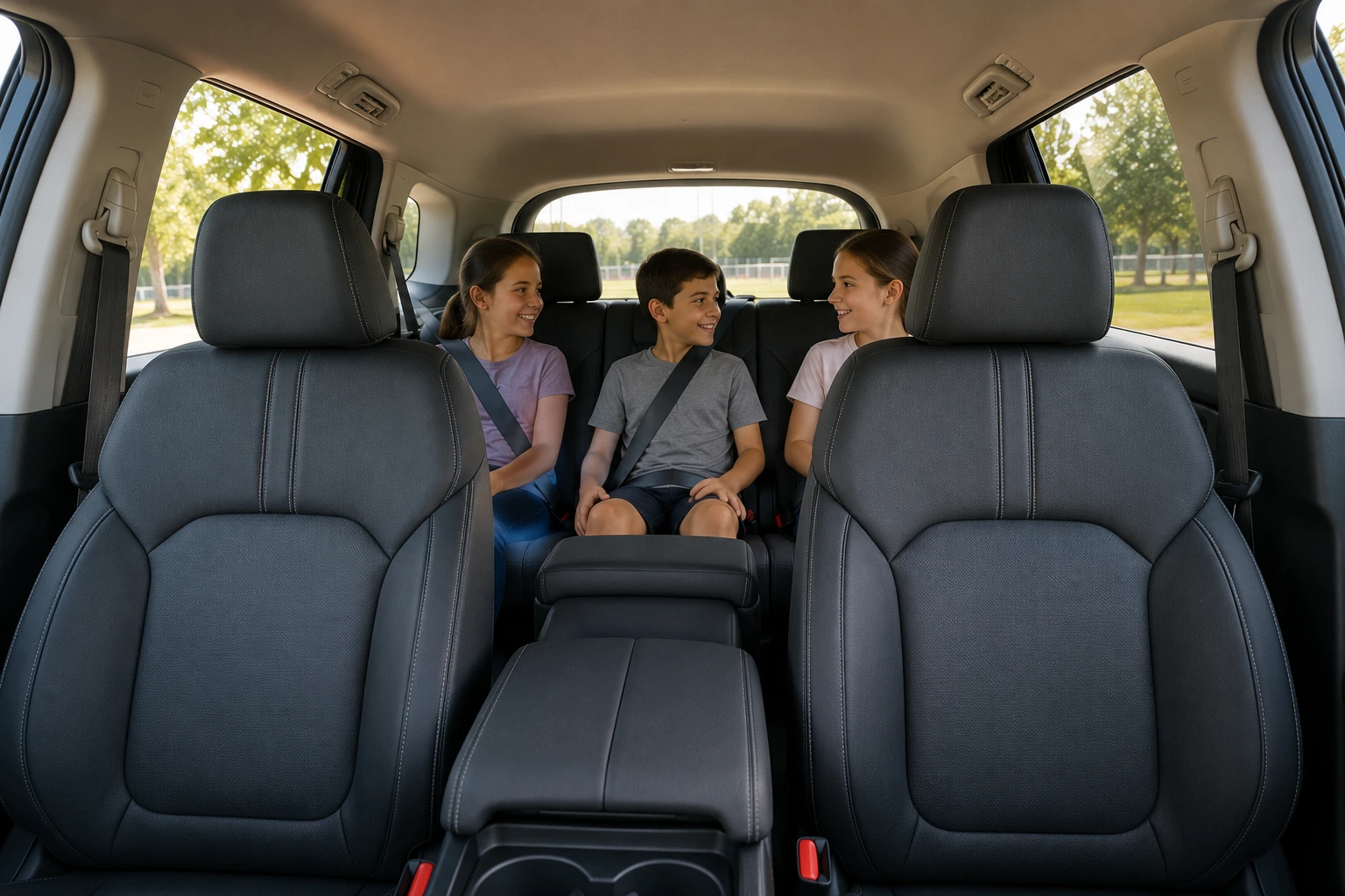 The Honda Pilot's three-row cabin shown with the third row in use, lit by natural daylight through the rear windows.