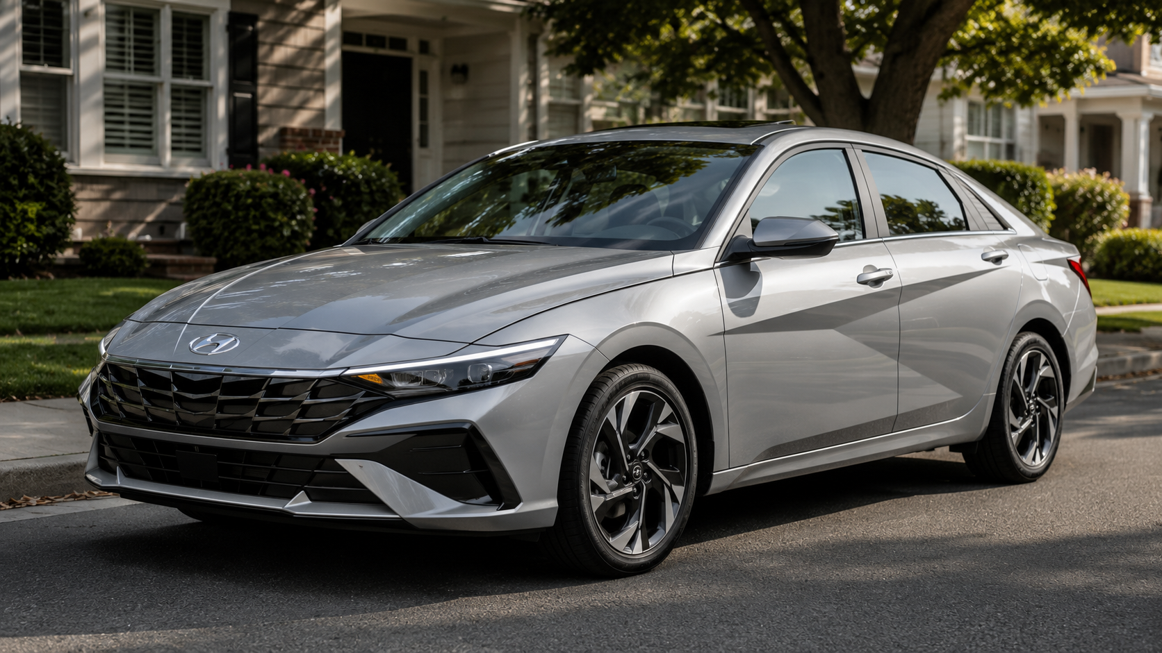 A silver 2026 Hyundai Elantra sedan parked on a suburban street in soft afternoon light, shot candidly at a three-quarter angle.