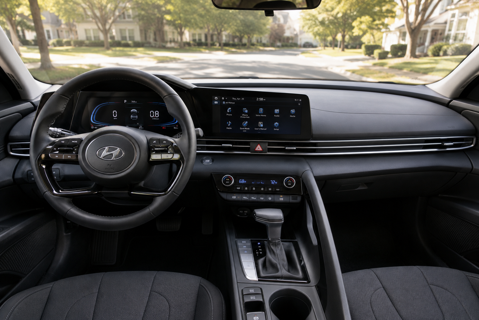 The dashboard and digital gauge cluster of a Hyundai Elantra, lit by natural daylight.