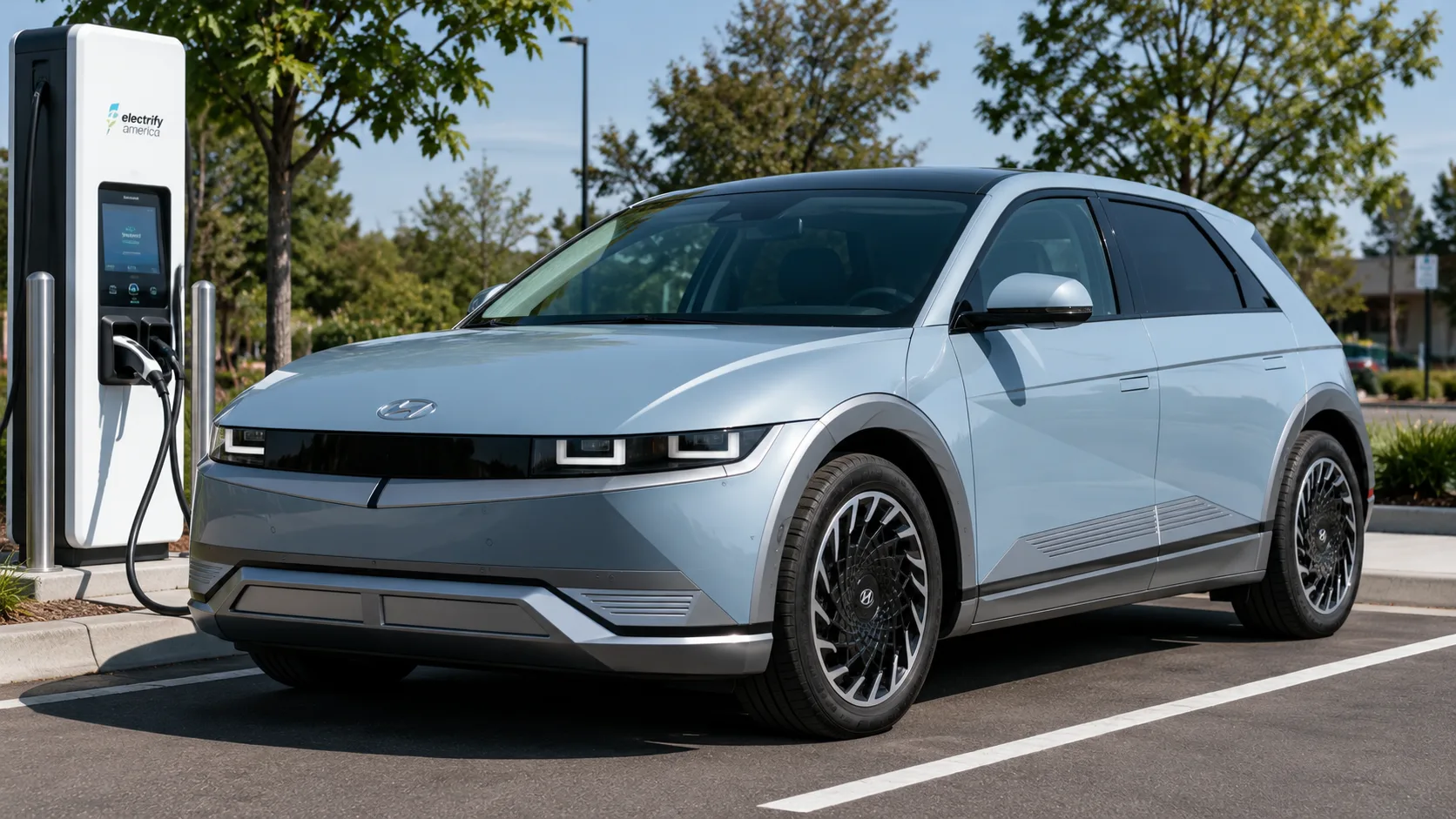 A pale blue 2026 Hyundai Ioniq 5 electric crossover parked at a charging station in daylight, shot candidly at a three-quarter angle.