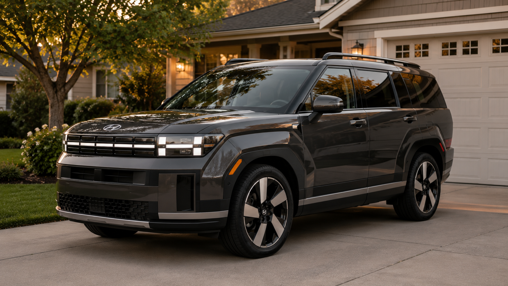 A dark gray 2026 Hyundai Santa Fe SUV parked in a suburban driveway in soft evening light, shot candidly at a three-quarter angle.
