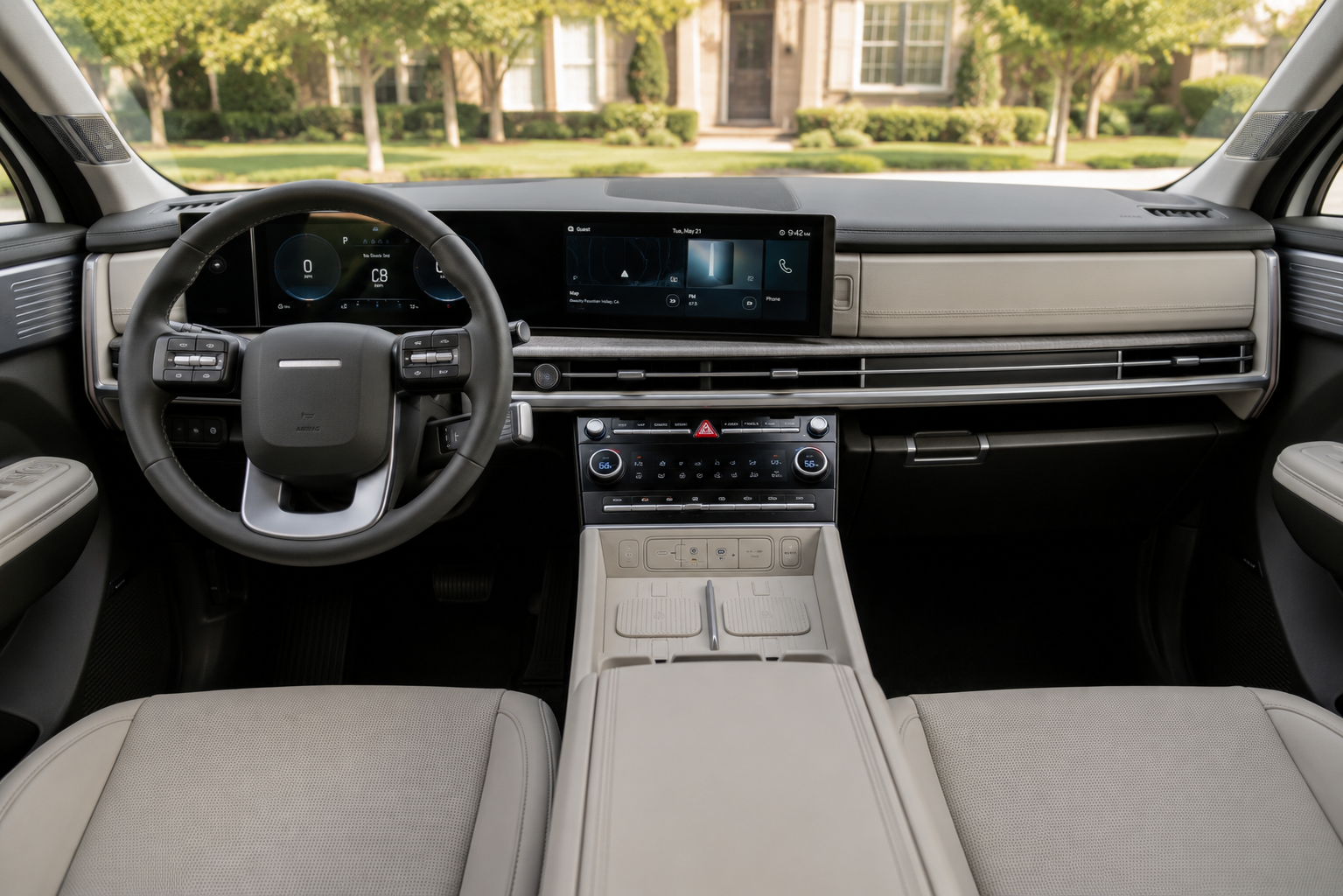 The upscale dashboard and digital cluster of a Hyundai Santa Fe, lit by natural daylight.