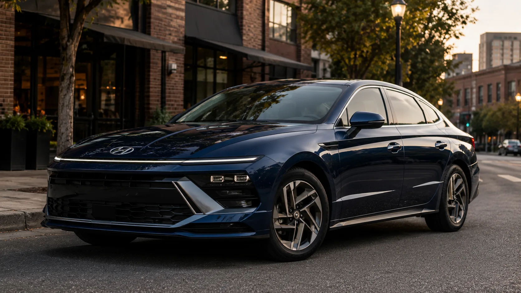 A dark blue 2026 Hyundai Sonata sedan parked on a city street in soft evening light, shot candidly at a three-quarter angle.