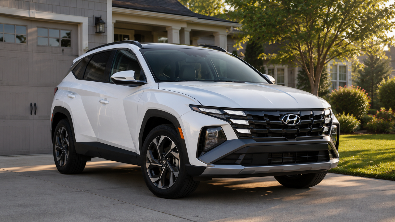 A white 2026 Hyundai Tucson crossover parked in a suburban driveway in soft morning light, shot candidly at a three-quarter angle.