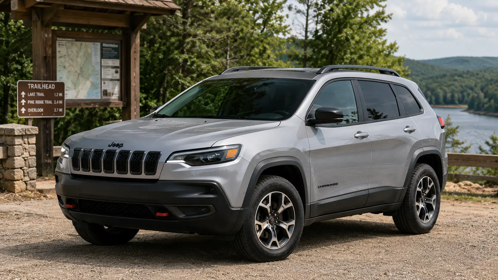 A silver 2026 Jeep Cherokee crossover parked at a trailhead in daylight, shot candidly at a three-quarter angle.