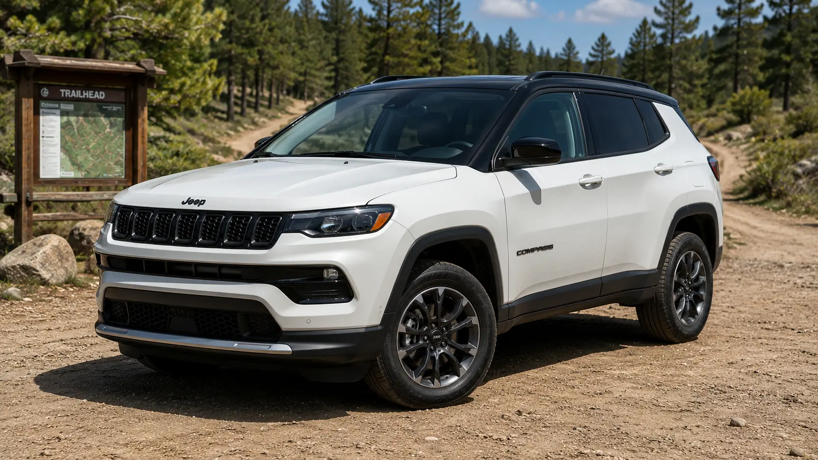 A white 2026 Jeep Compass crossover parked at a trailhead in daylight, shot candidly at a three-quarter angle.