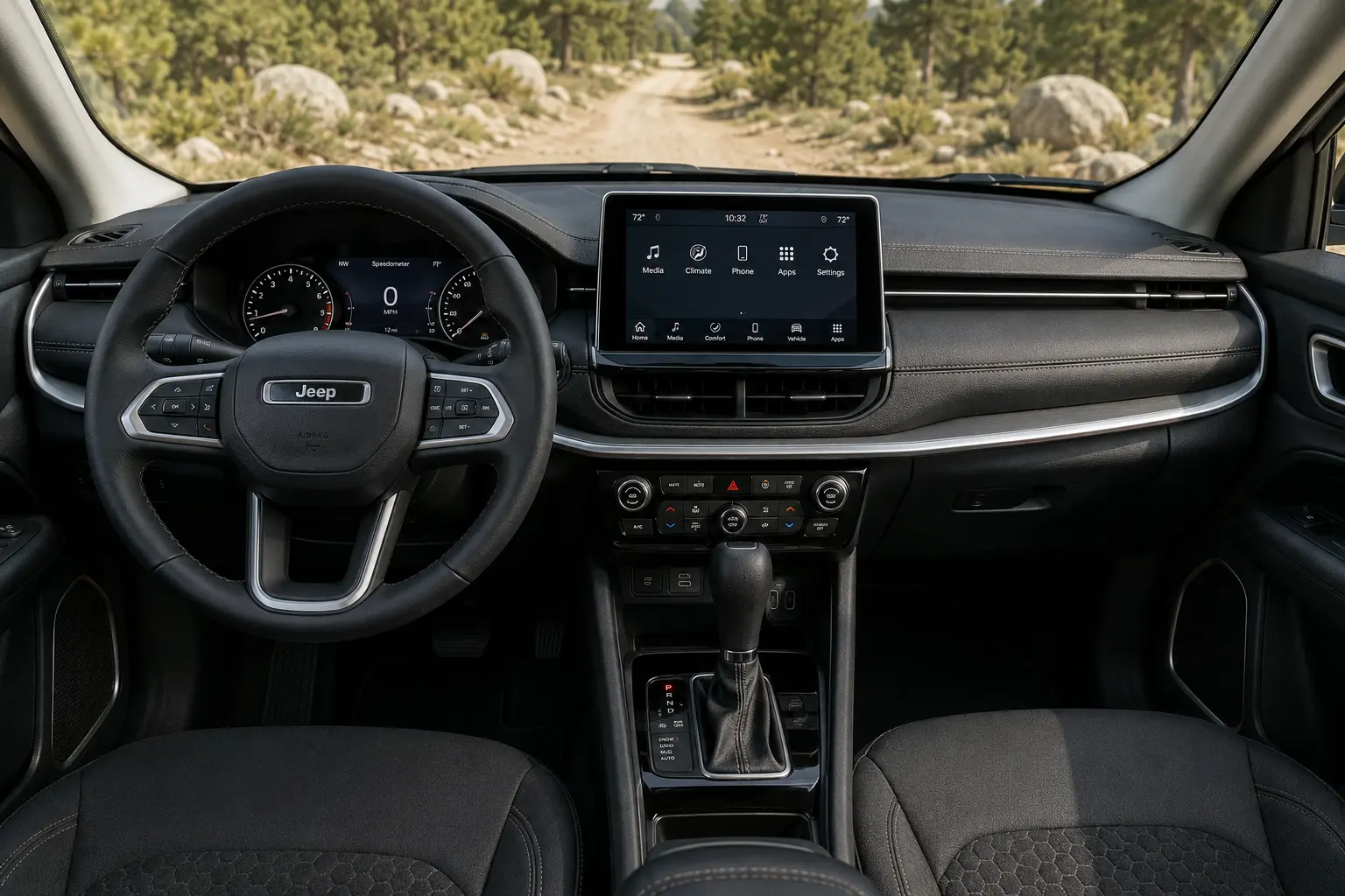 The dashboard and infotainment display of a Jeep Compass, lit by natural daylight.
