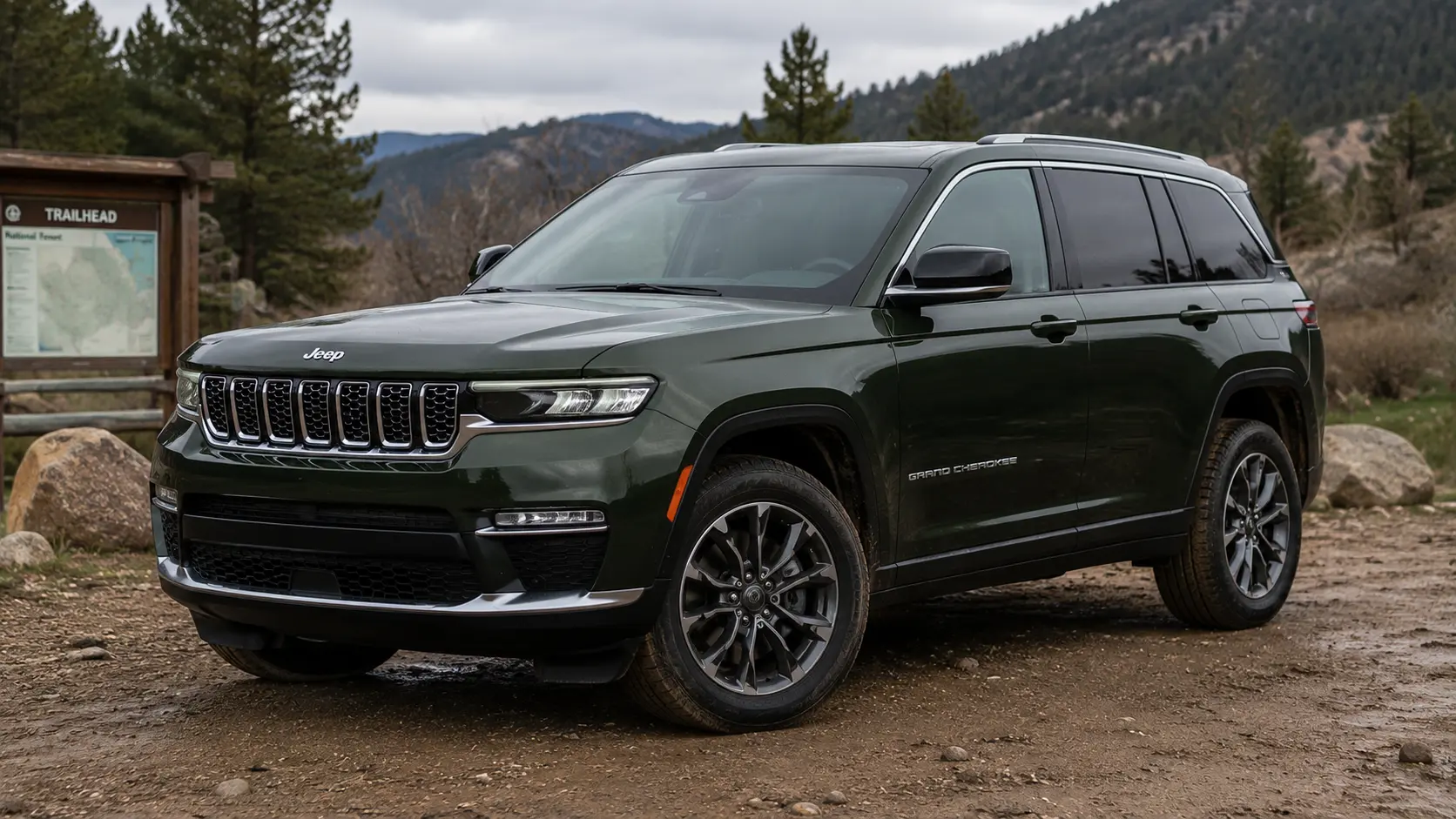 A dark green 2026 Jeep Grand Cherokee SUV parked at a trailhead in overcast daylight, shot candidly at a three-quarter angle.
