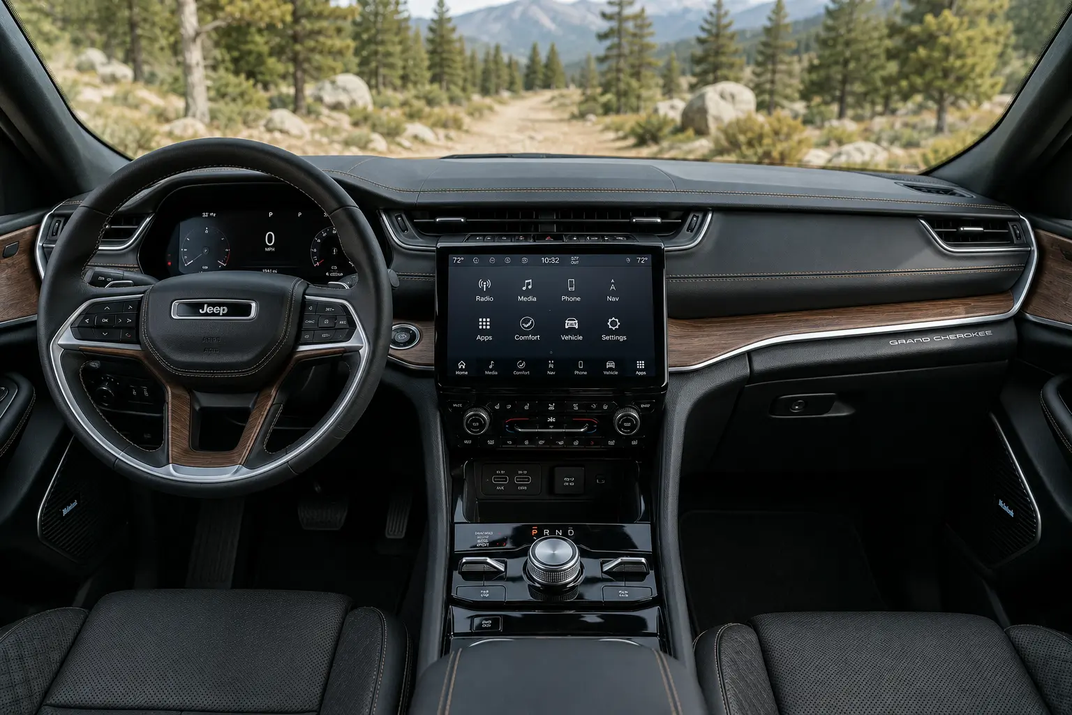 The dashboard and 12.3-inch Uconnect touchscreen of a Jeep Grand Cherokee, lit by natural daylight.