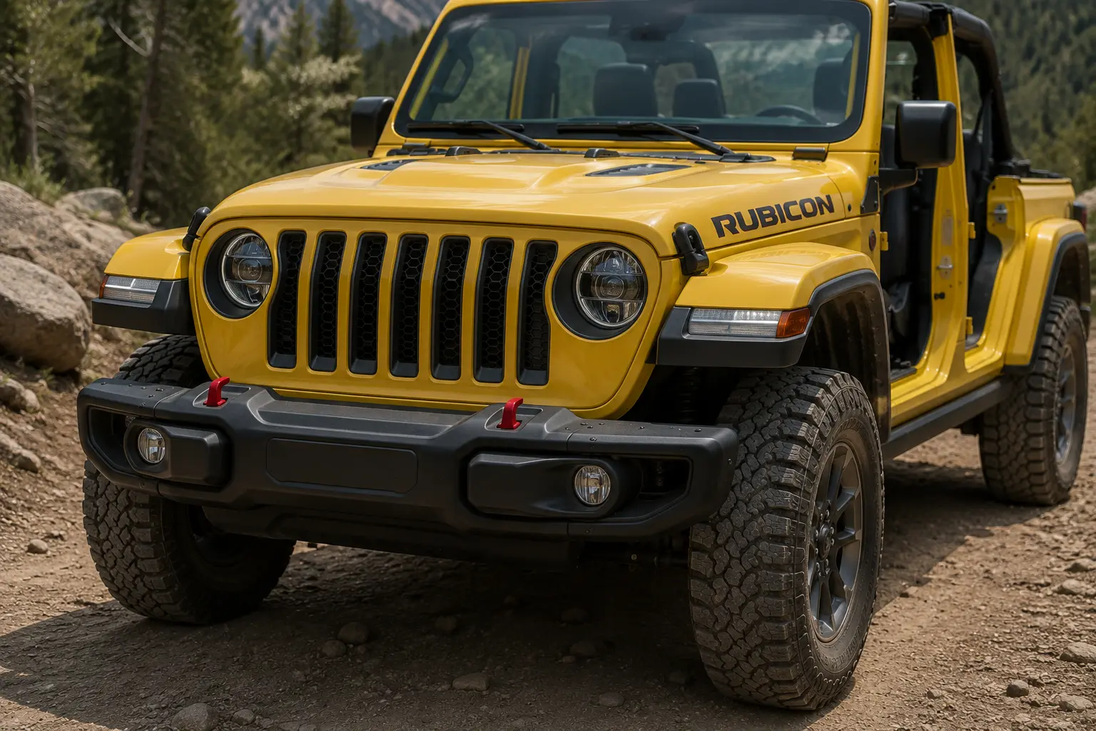The Wrangler's front end and grille shown on a dirt trail in natural daylight.