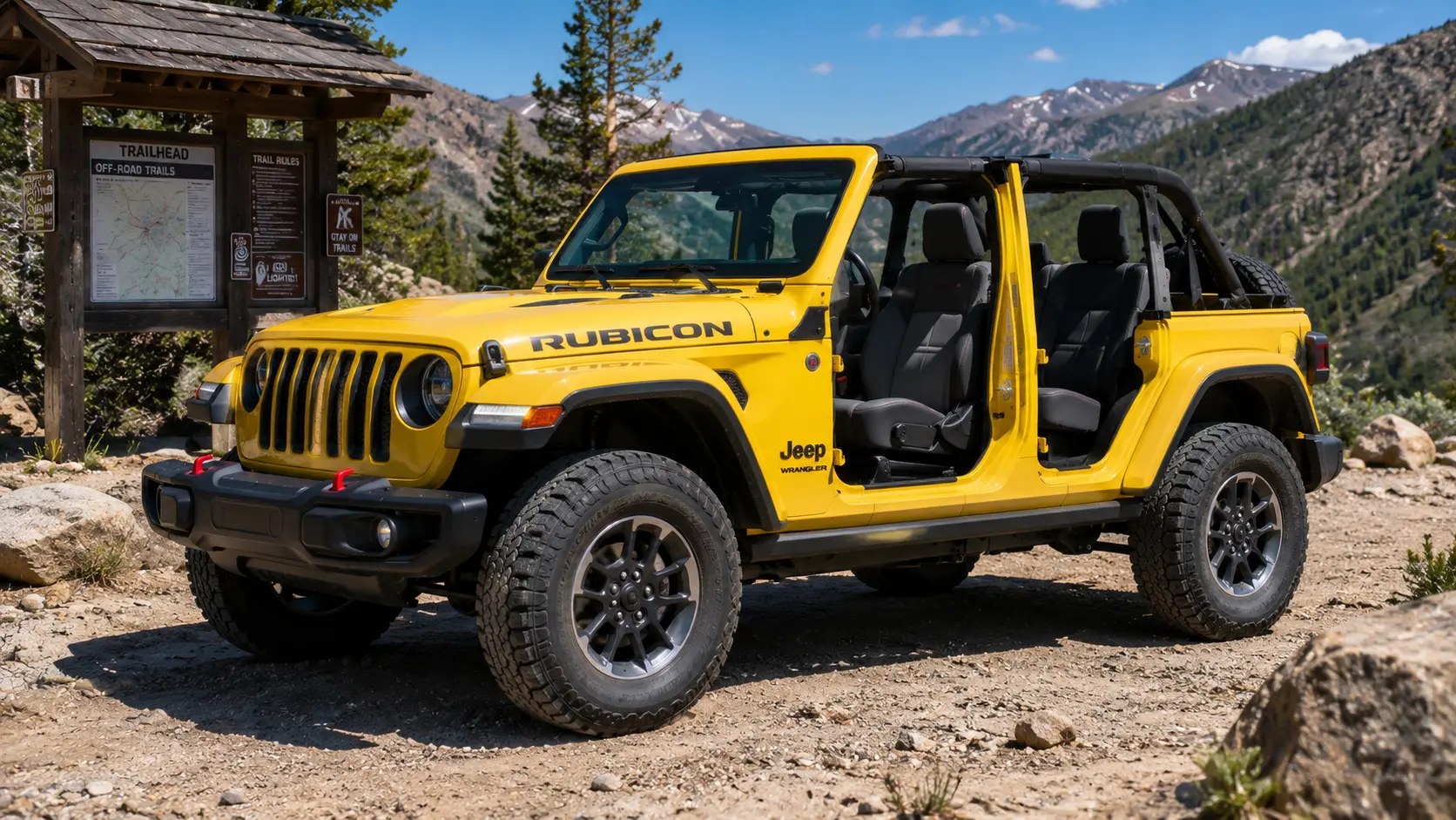 A yellow 2026 Jeep Wrangler with the doors removed, parked at a rocky trailhead in bright daylight, shot in a candid outdoor style.