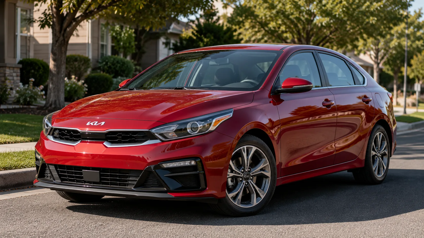A red Kia Forte sedan parked on a suburban street in soft afternoon light, shot candidly at a three-quarter angle.