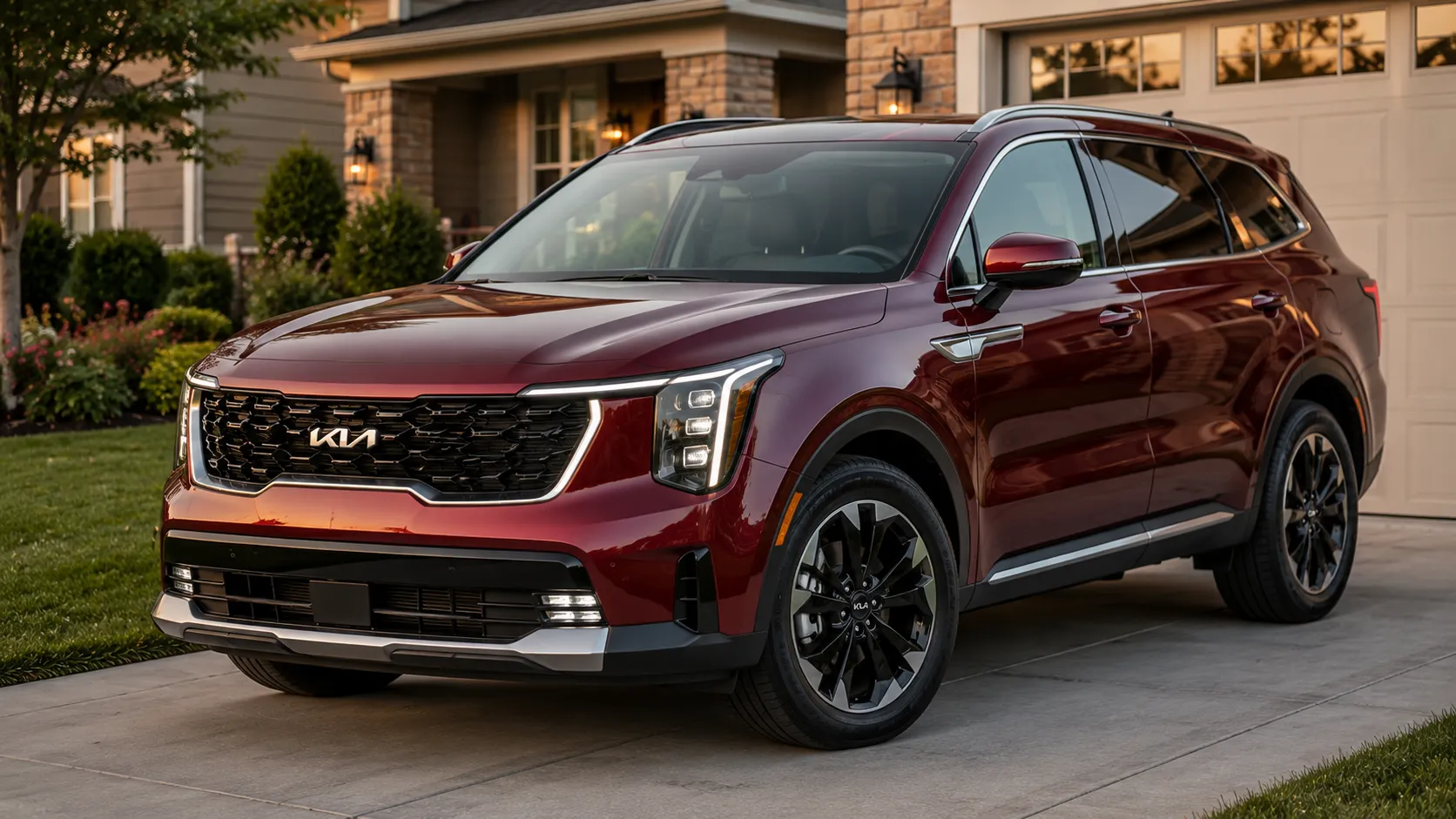 A dark red 2026 Kia Sorento 3-row SUV parked in a suburban driveway in soft evening light, shot candidly at a three-quarter angle.