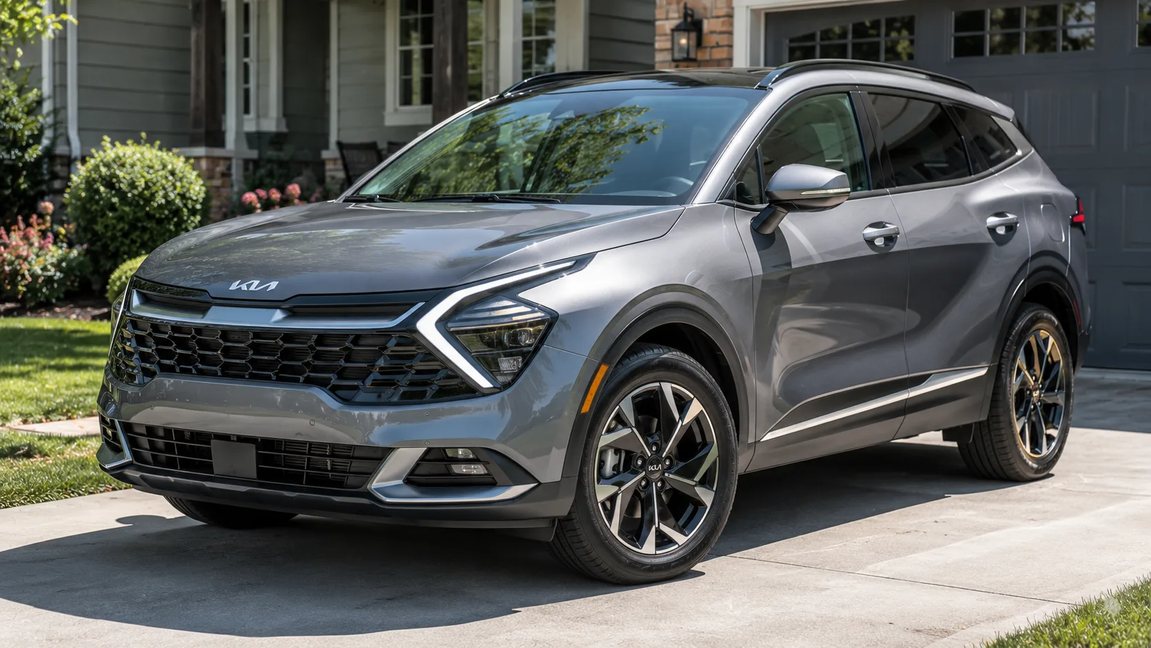 A gray 2026 Kia Sportage crossover parked in a suburban driveway in daylight, shot candidly at a three-quarter angle.