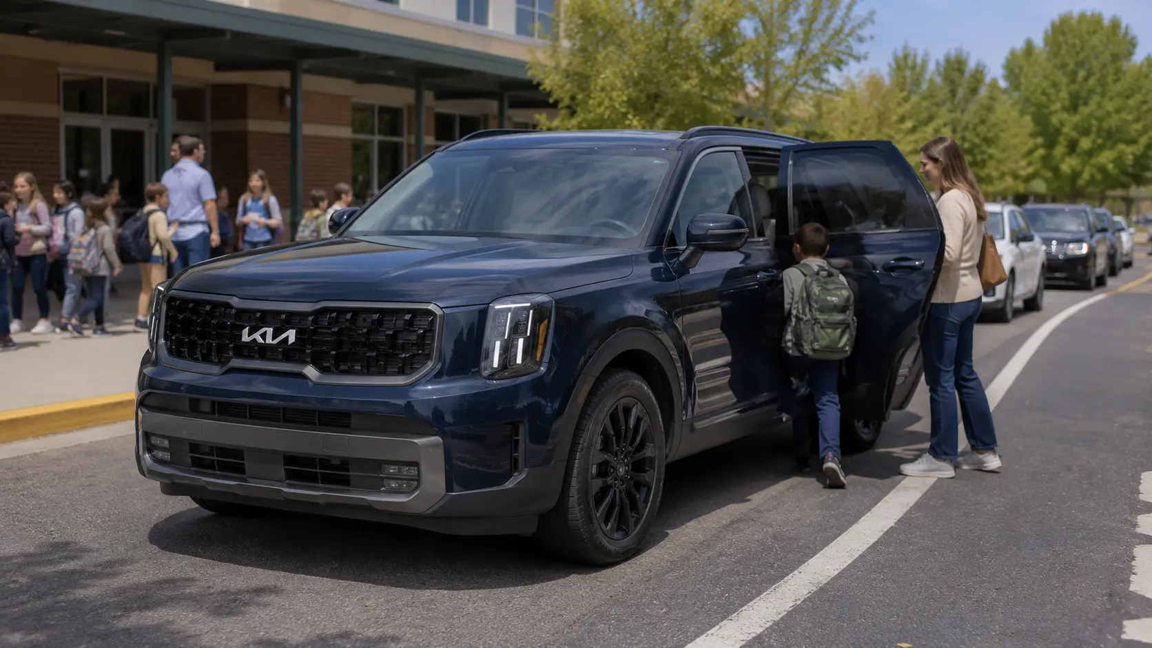 A dark blue 2026 Kia Telluride parked outside a school pickup line in daylight, shot candidly with a family loading kids into the back.