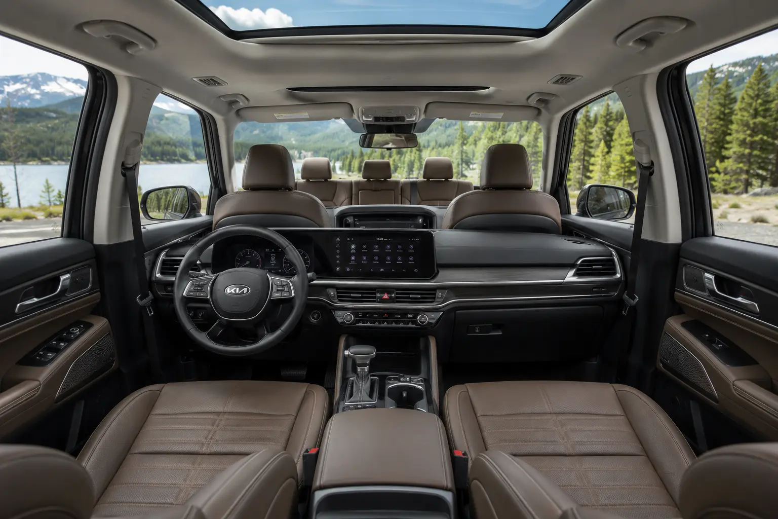 The Telluride's upscale three-row cabin interior shown in natural daylight.
