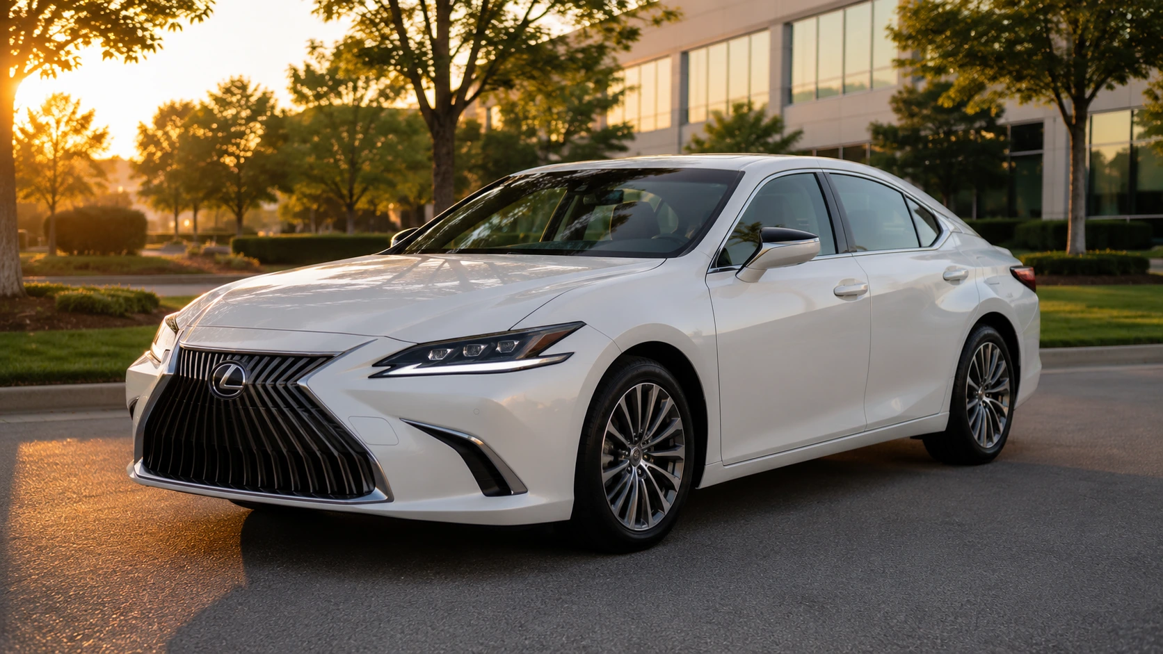 A white 2026 Lexus ES sedan parked in a quiet office park at golden hour, shot candidly at a slight three-quarter angle.