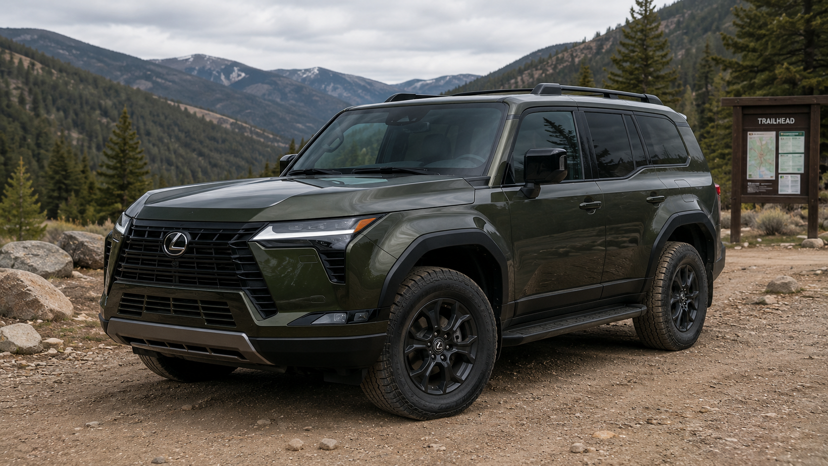A dark green 2026 Lexus GX SUV parked at a trailhead in overcast daylight, shot candidly at a three-quarter angle.
