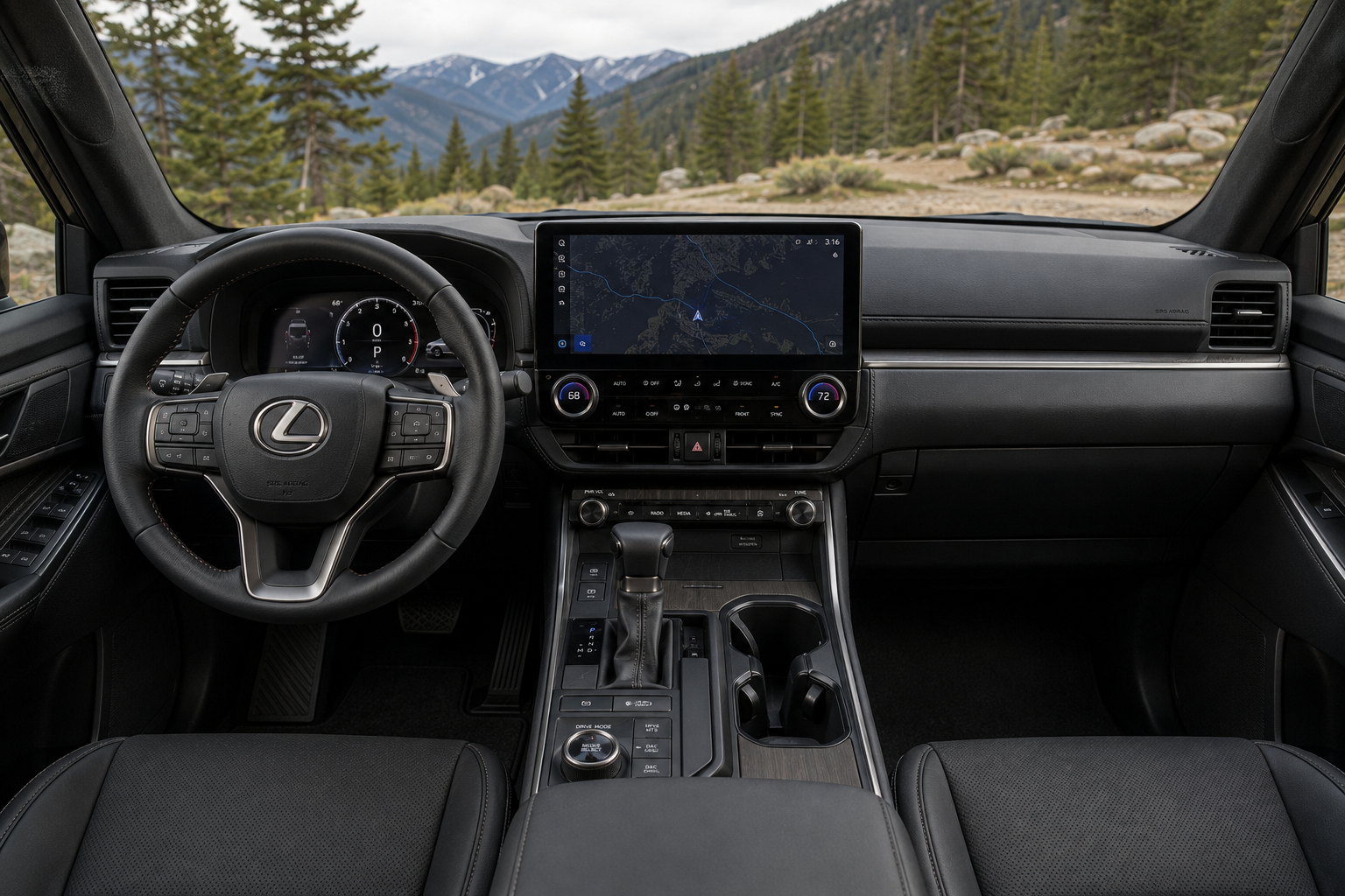 The upscale dashboard and touchscreen of a Lexus GX, lit by natural daylight.