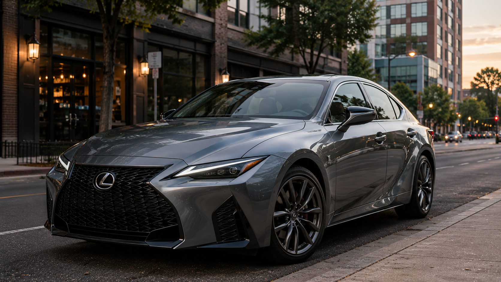 A gray 2026 Lexus IS sedan parked on a city street in soft evening light, shot candidly at a three-quarter angle.
