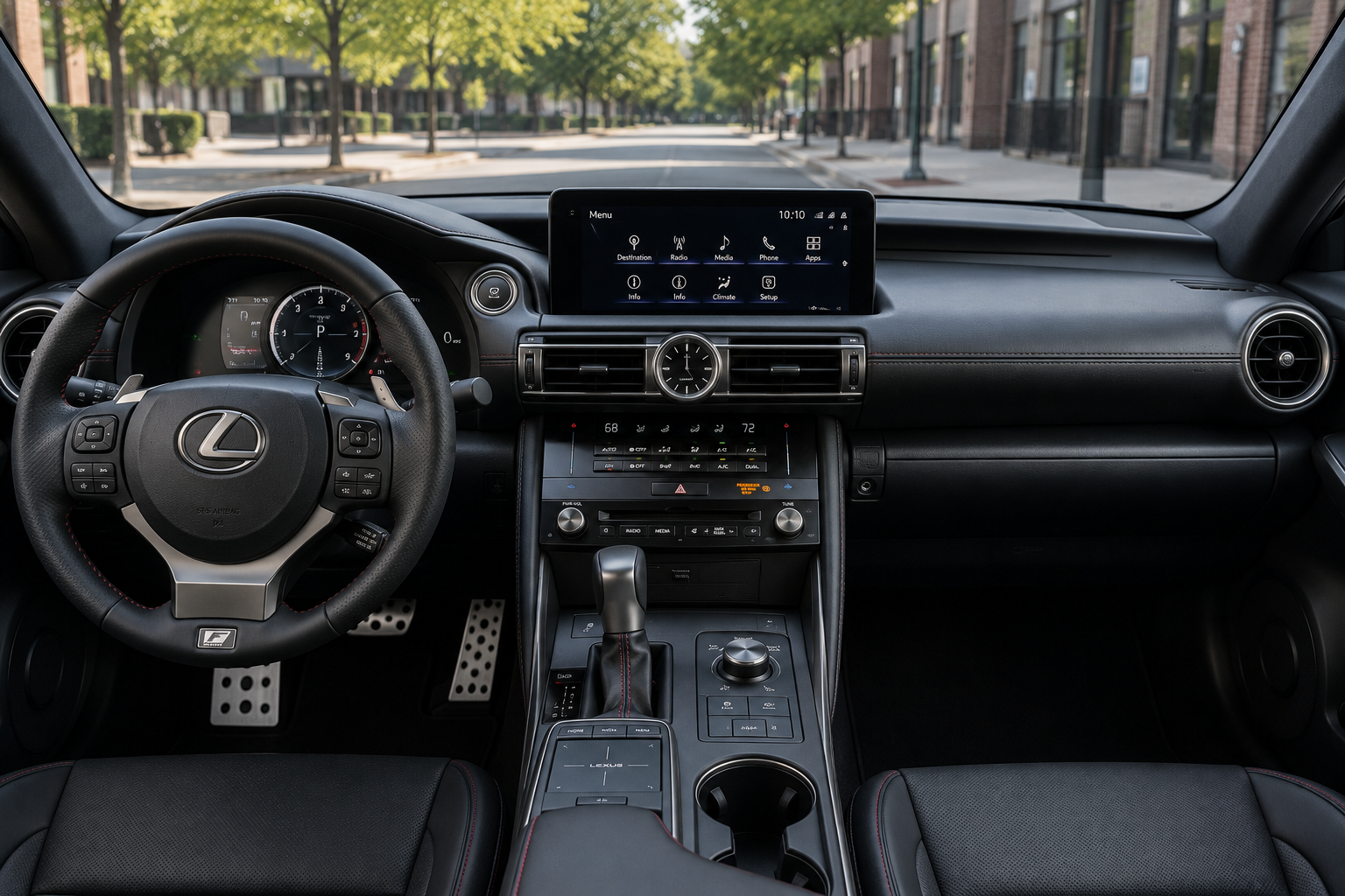 The upscale dashboard and 12.3-inch touchscreen of a Lexus IS, lit by natural daylight.