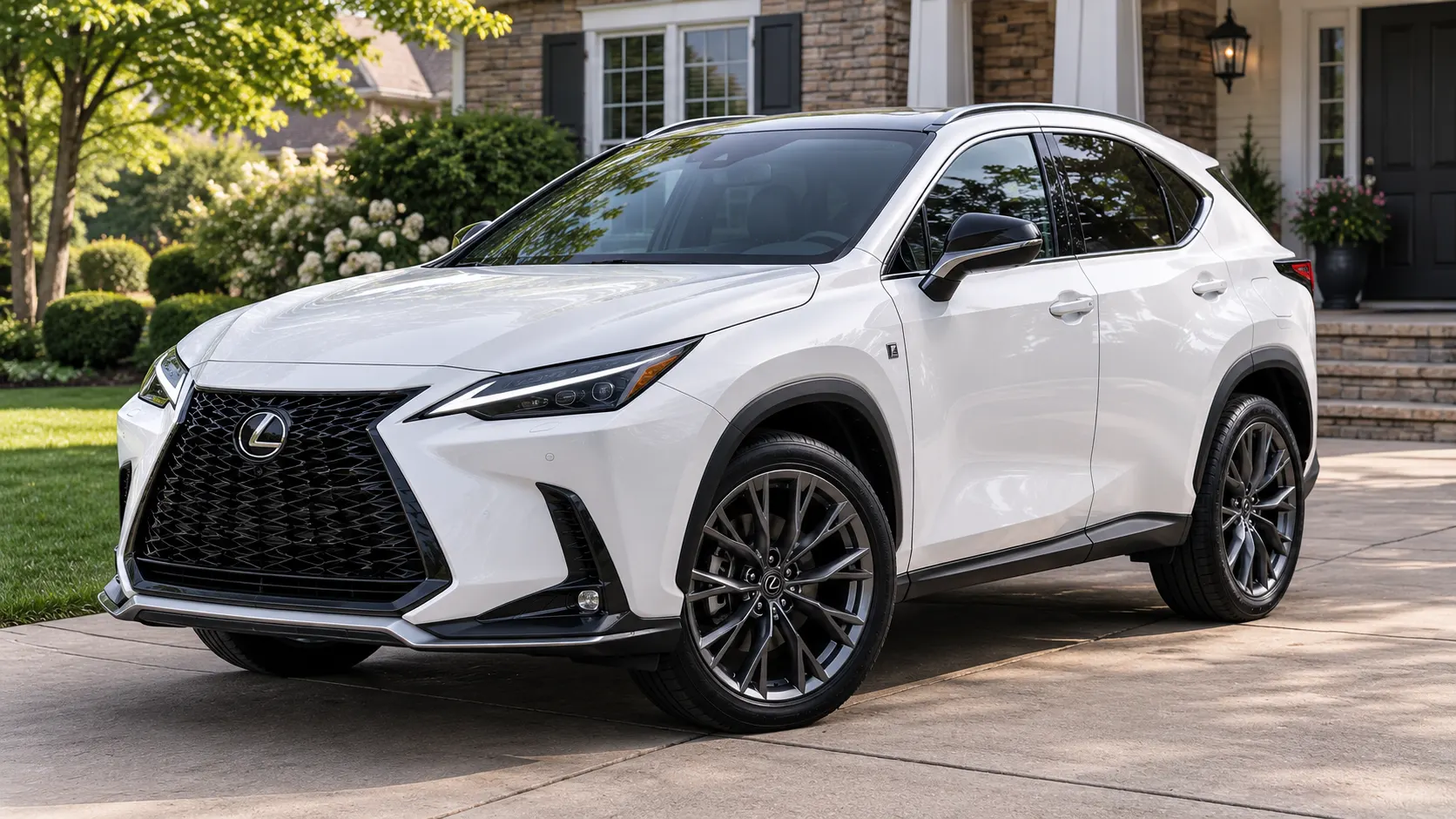A white 2026 Lexus NX crossover parked in a suburban driveway in daylight, shot candidly at a three-quarter angle.