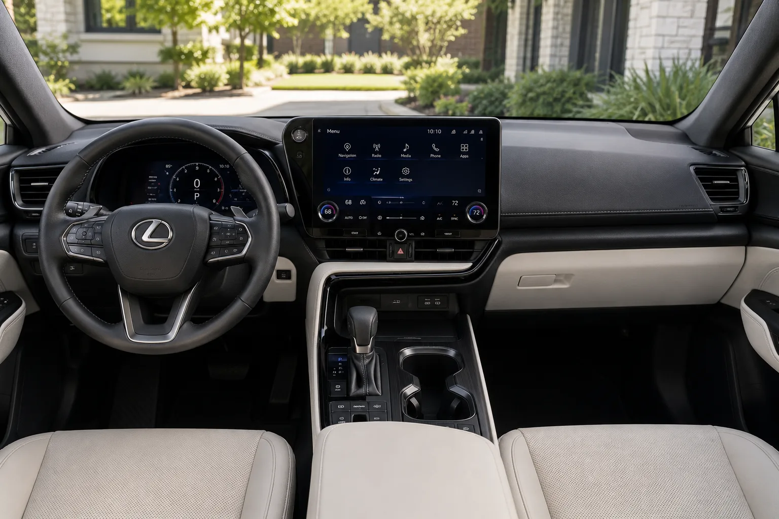 The upscale dashboard and touchscreen of a Lexus NX, lit by natural daylight.
