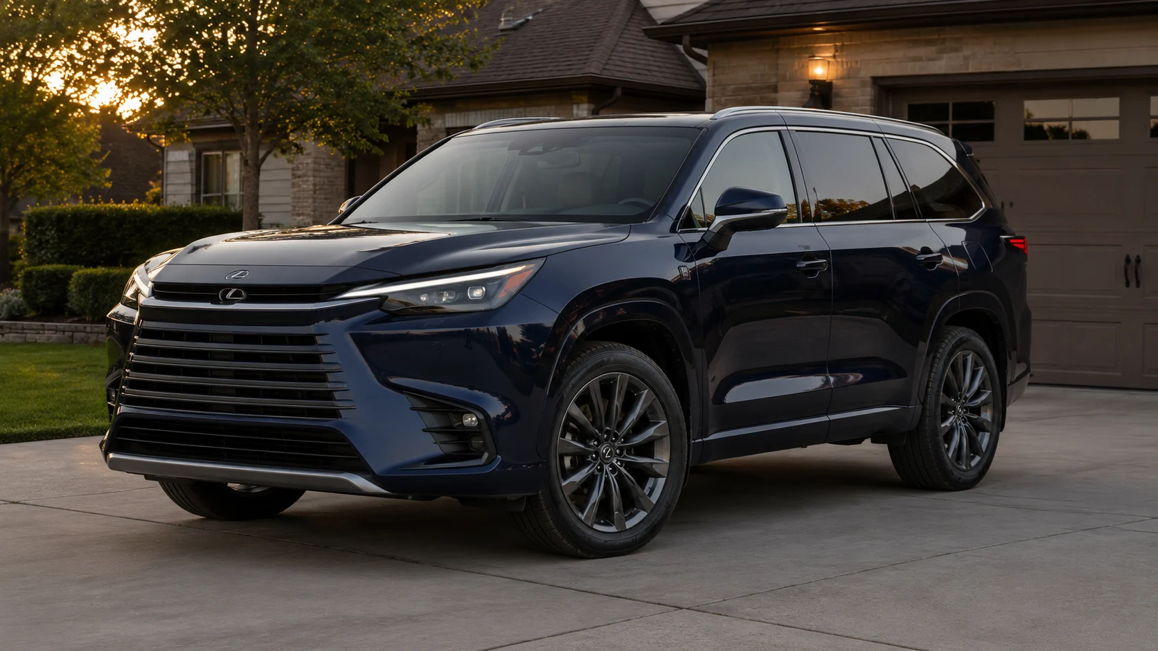 A dark blue 2026 Lexus TX 3-row SUV parked in a suburban driveway in soft evening light, shot candidly at a three-quarter angle.