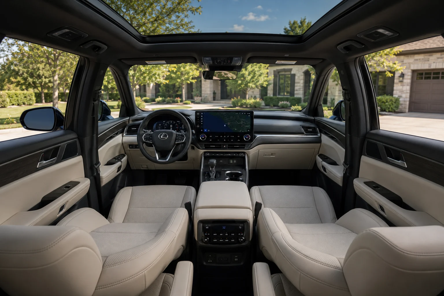 The upscale three-row interior of a Lexus TX, lit by natural daylight through the panoramic sunroof.