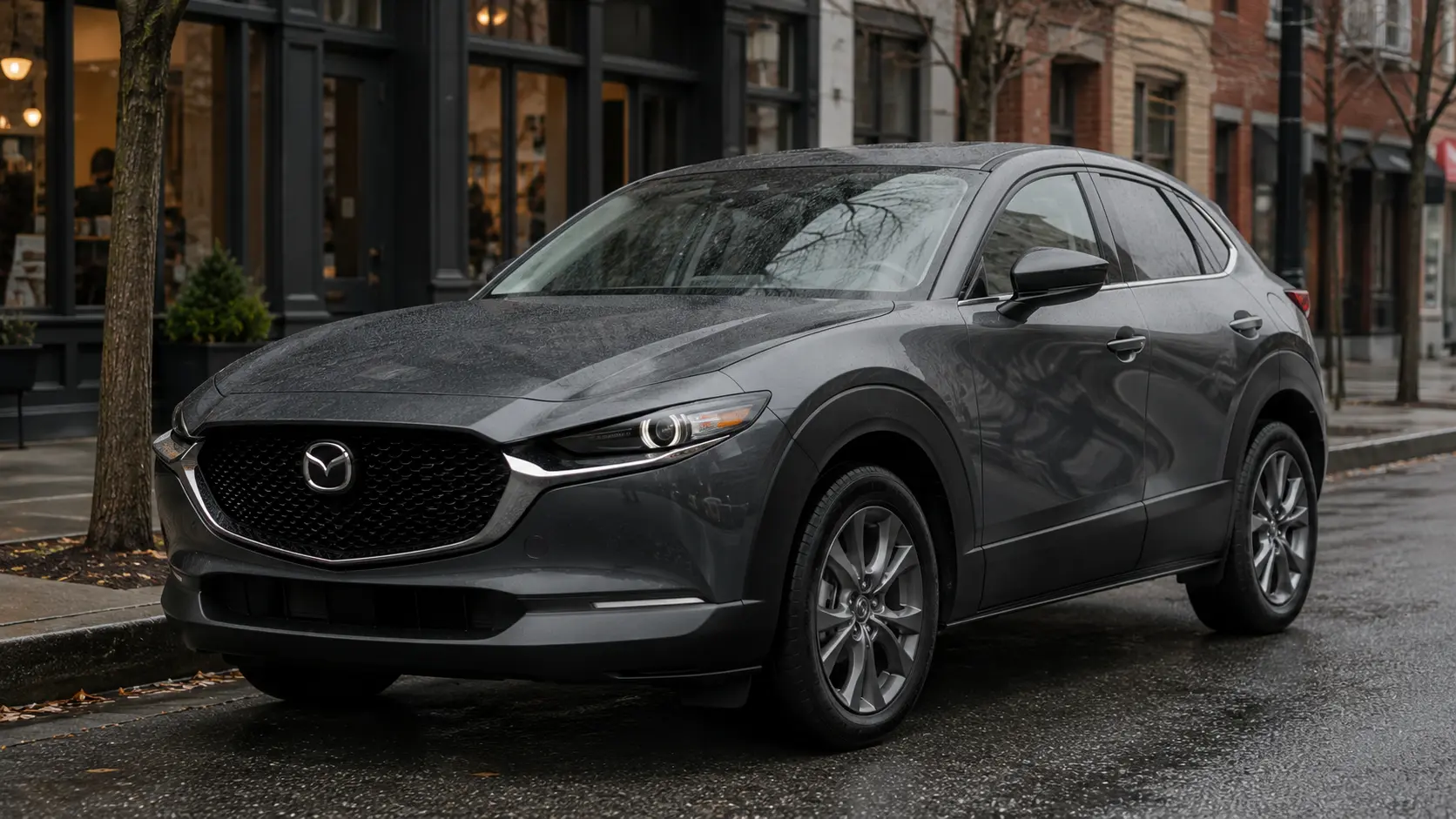 A gray 2026 Mazda CX-30 crossover parked on a city street in overcast daylight, shot candidly at a three-quarter angle.