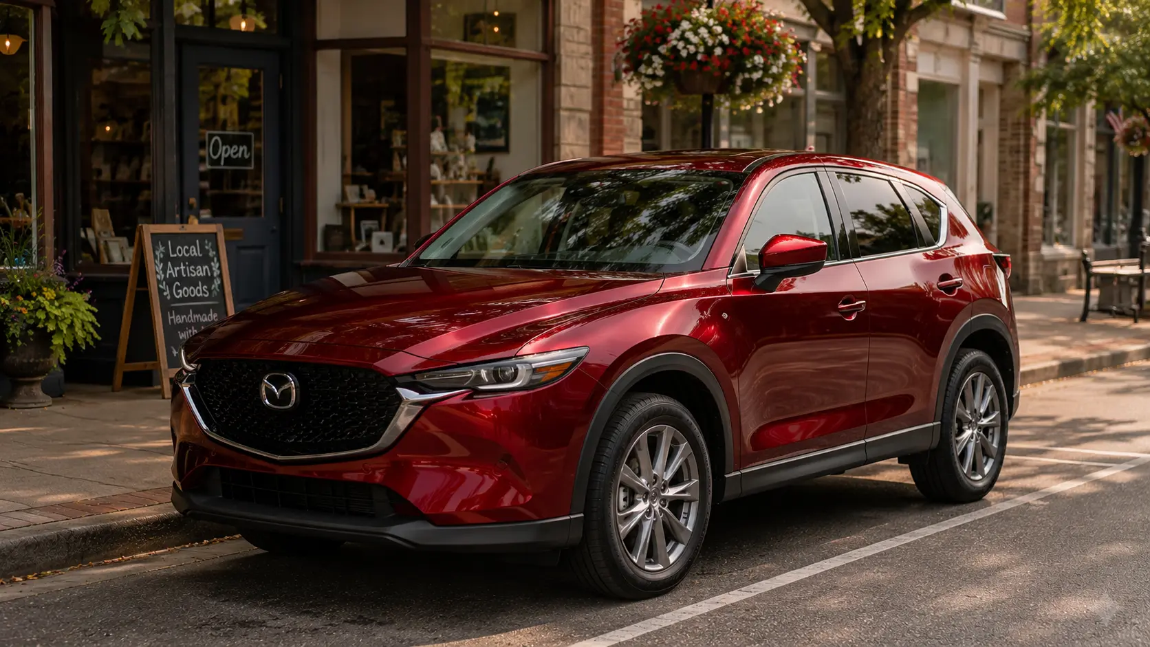 A deep red 2026 Mazda CX-5 parked outside a small-town main street shop in soft afternoon light, shot candidly.