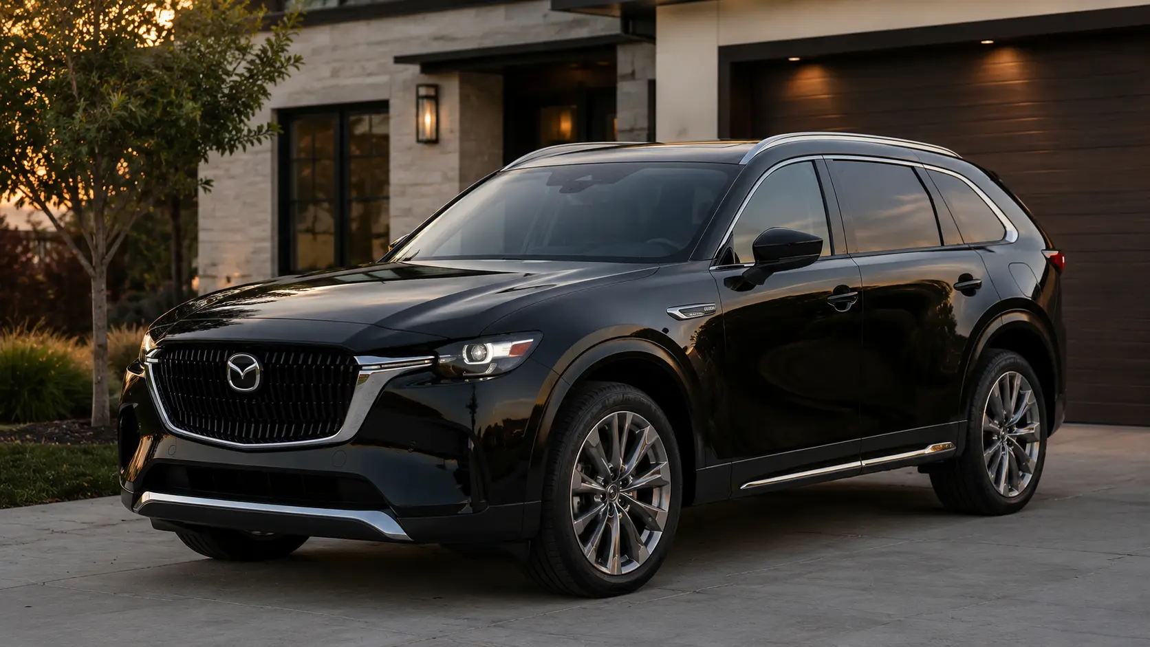 A black 2026 Mazda CX-90 3-row SUV parked in a driveway in soft evening light, shot candidly at a three-quarter angle.