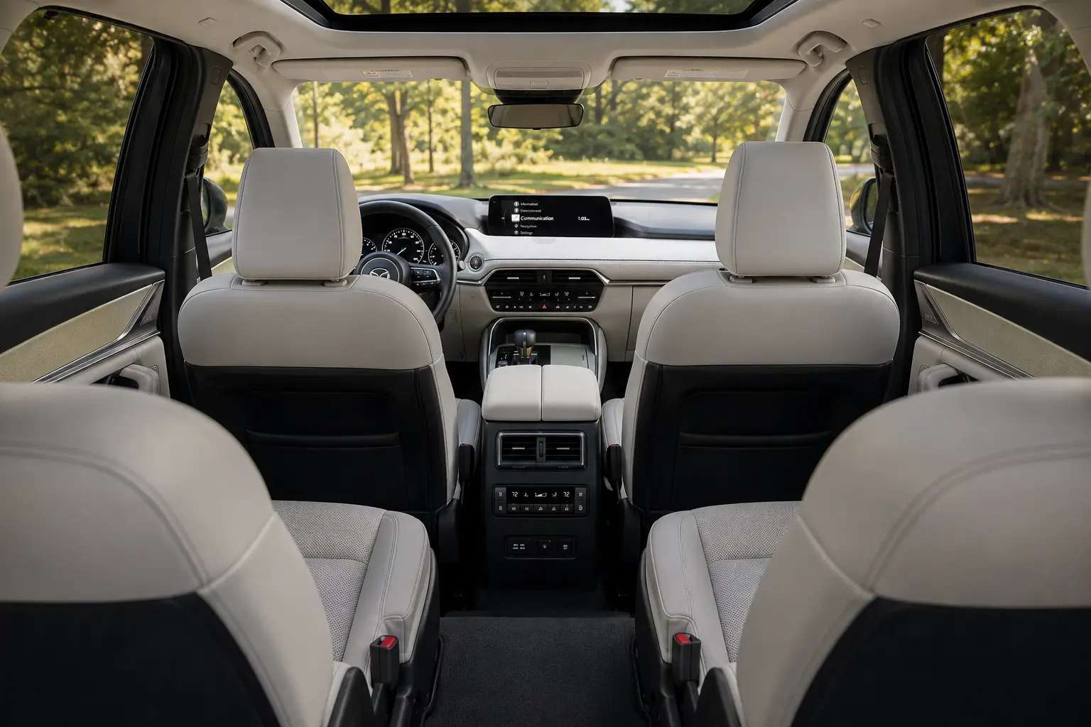 The upscale three-row interior of a Mazda CX-90, lit by natural daylight.