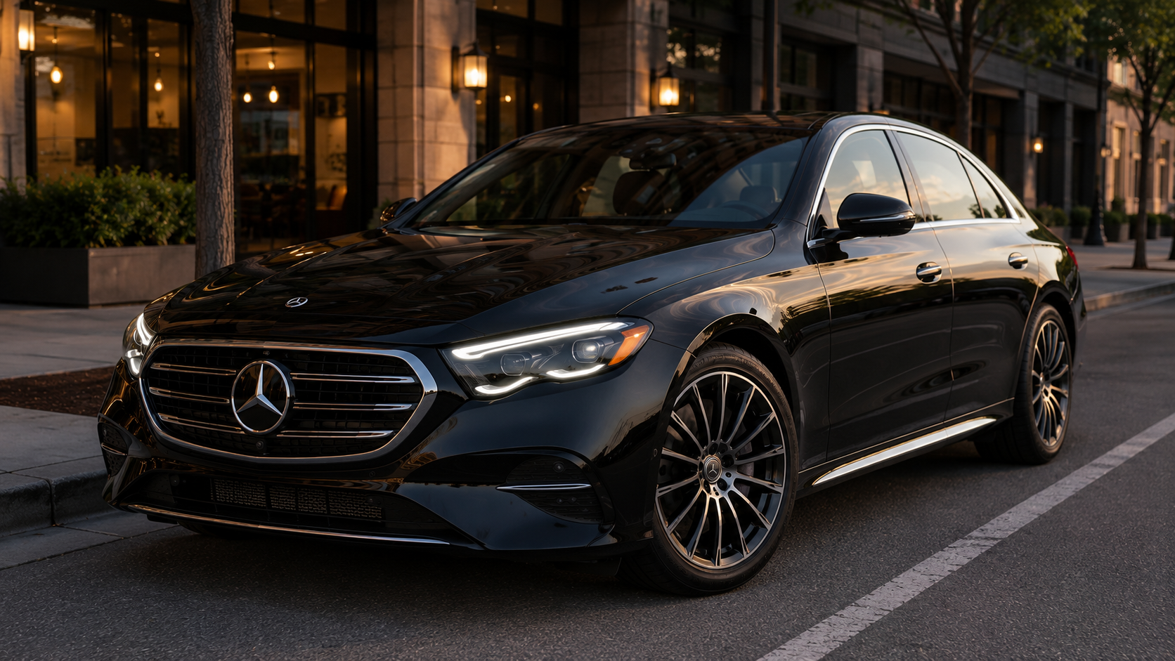 A black 2026 Mercedes-Benz E-Class sedan parked on a city street in soft evening light, shot candidly at a three-quarter angle.