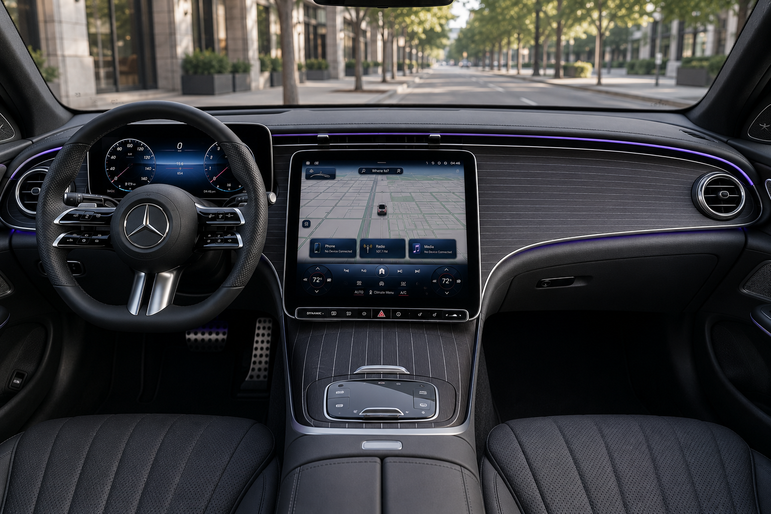 The 14.4-inch central display and upscale dashboard of a Mercedes-Benz E-Class, lit by natural daylight.