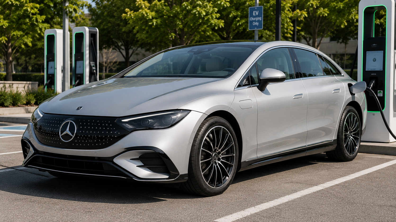 A silver 2026 Mercedes-Benz EQE electric sedan parked at a charging station in daylight, shot candidly at a three-quarter angle.