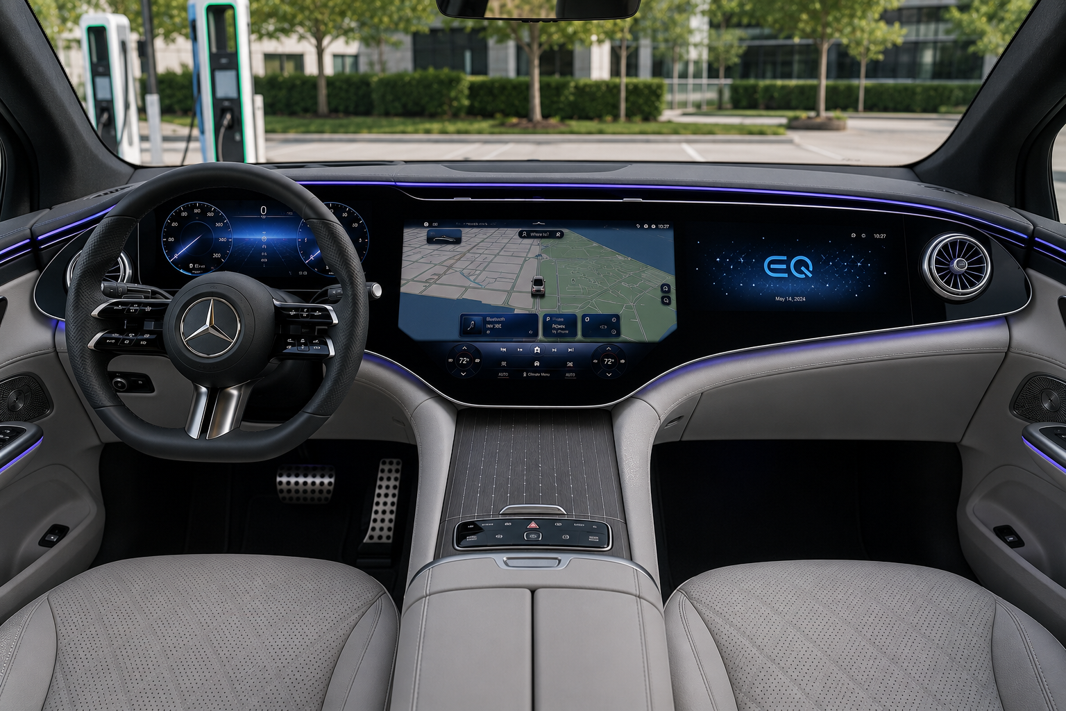 The MBUX Hyperscreen dashboard of a Mercedes-Benz EQE, lit by natural daylight.