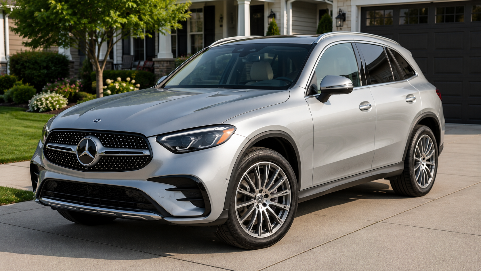 A silver 2026 Mercedes-Benz GLC crossover parked in a suburban driveway in daylight, shot candidly at a three-quarter angle.