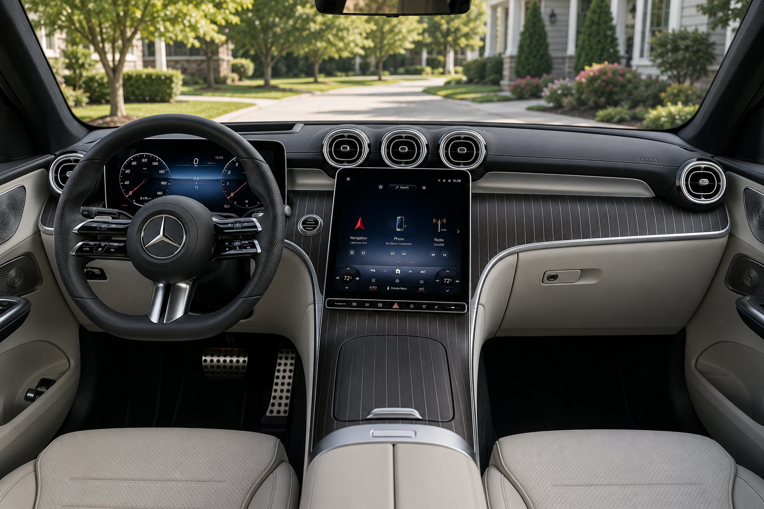 The upscale MBUX dashboard and touchscreen of a Mercedes-Benz GLC, lit by natural daylight.