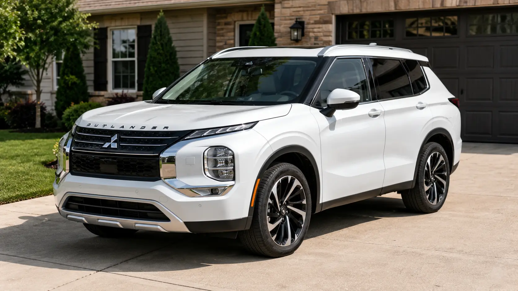 A white 2026 Mitsubishi Outlander 3-row crossover parked in a suburban driveway in daylight, shot candidly at a three-quarter angle.