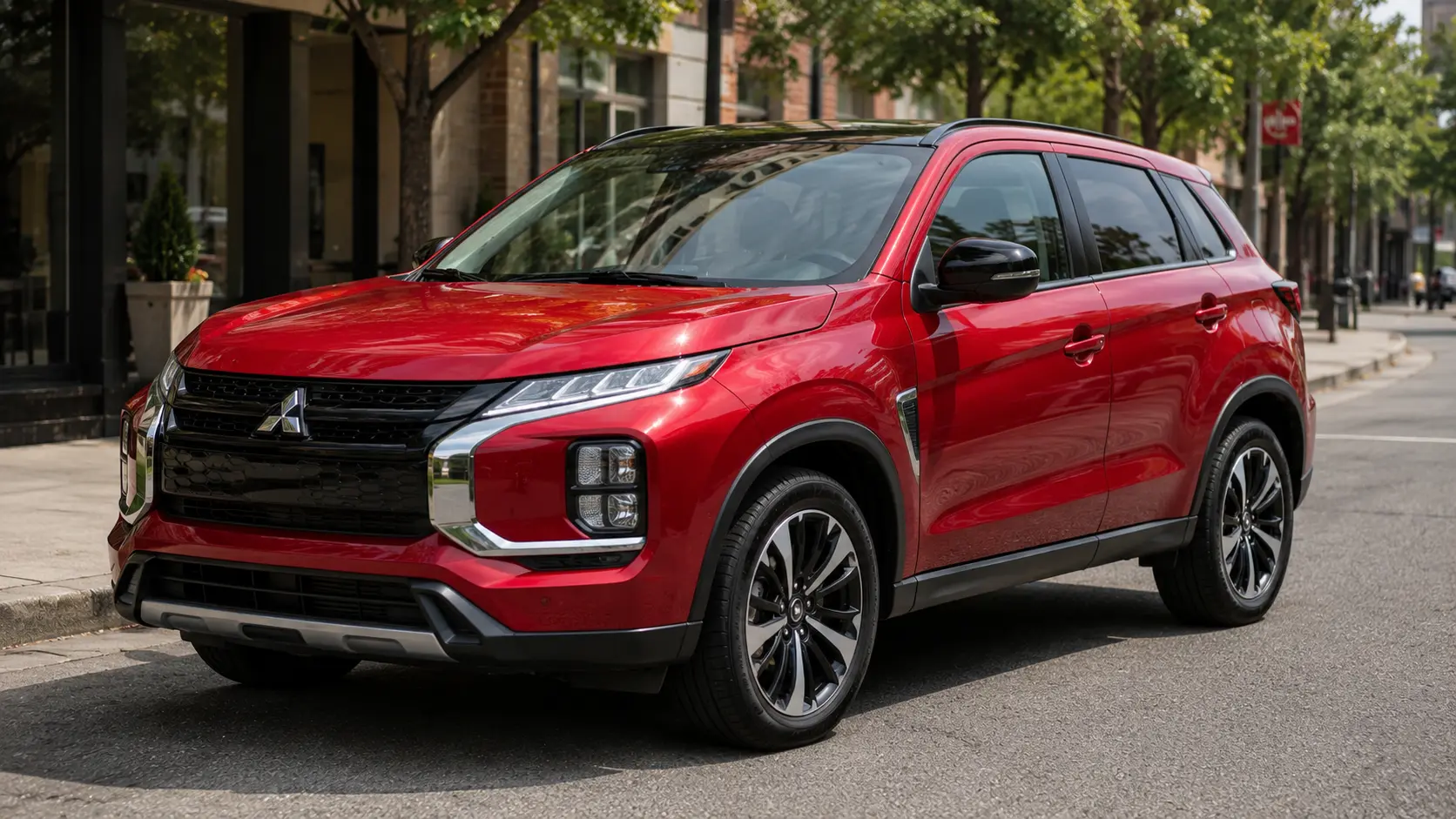 A red 2026 Mitsubishi Outlander Sport crossover parked on a city street in daylight, shot candidly at a three-quarter angle.