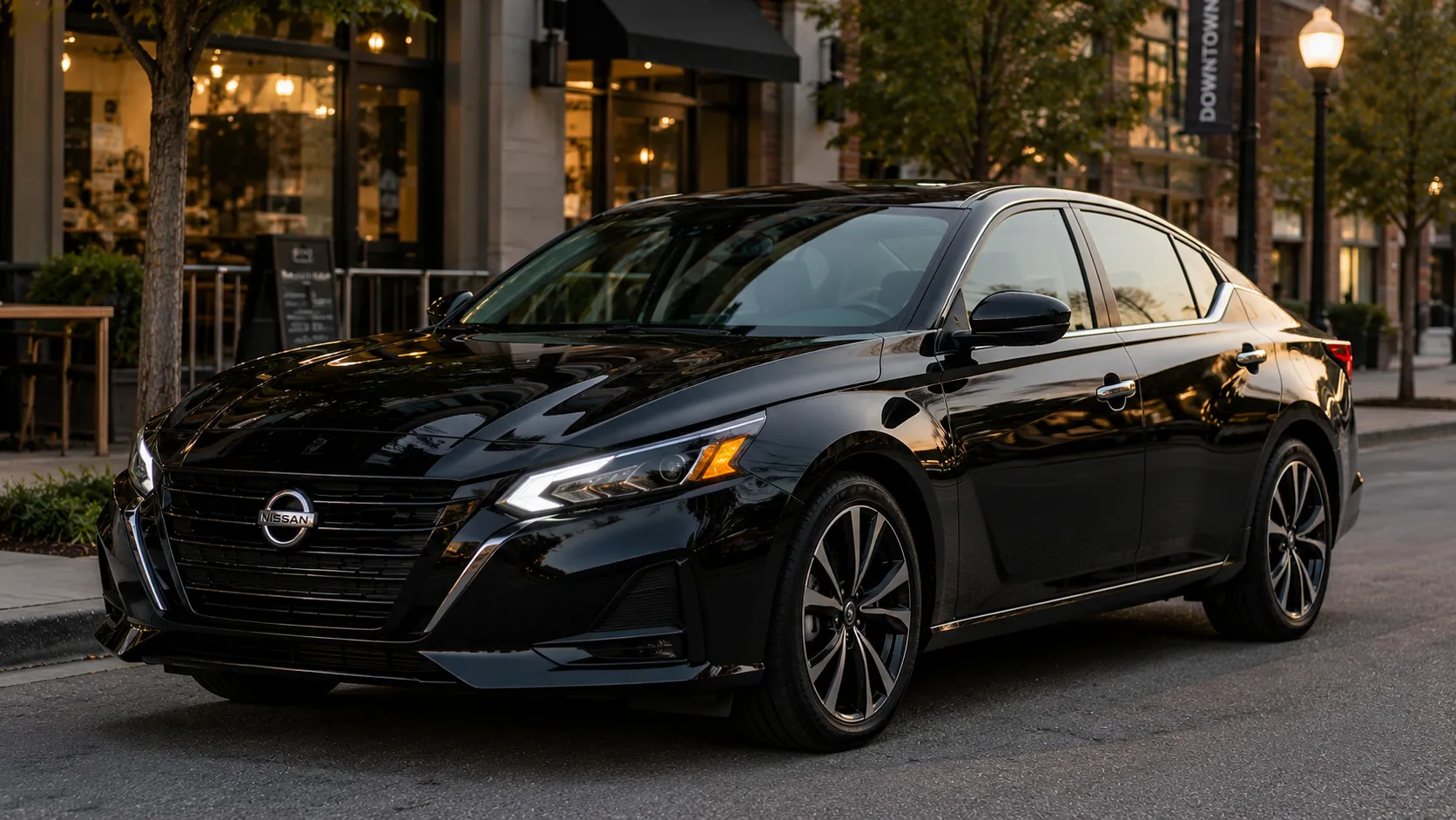 A black 2026 Nissan Altima sedan parked on a city street in soft evening light, shot candidly at a three-quarter angle.