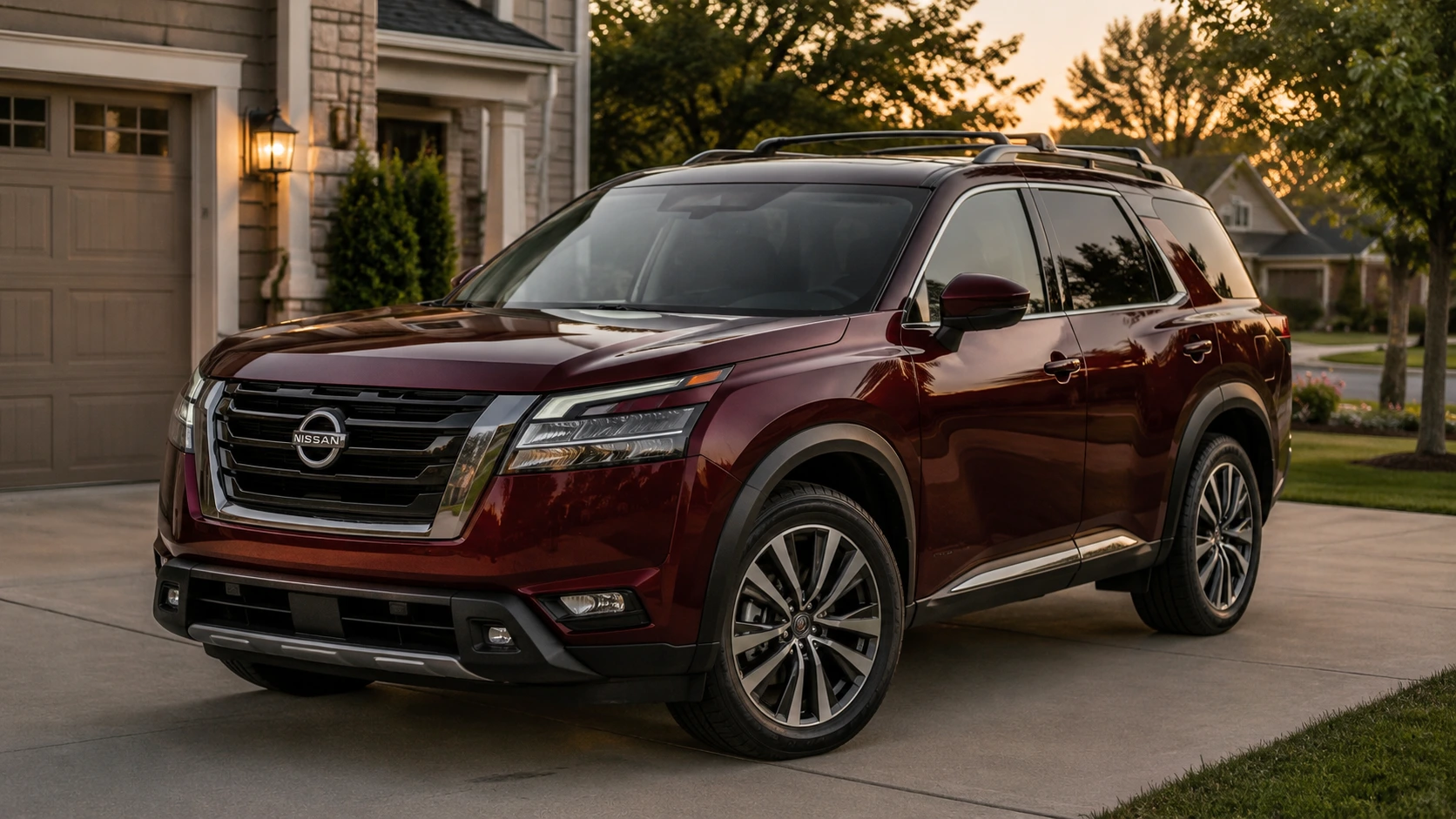 A dark red 2026 Nissan Pathfinder 3-row SUV parked in a suburban driveway in soft evening light, shot candidly at a three-quarter angle.