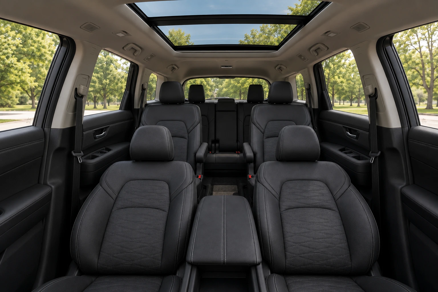 The three-row interior of a Nissan Pathfinder, lit by natural daylight through the panoramic moonroof.