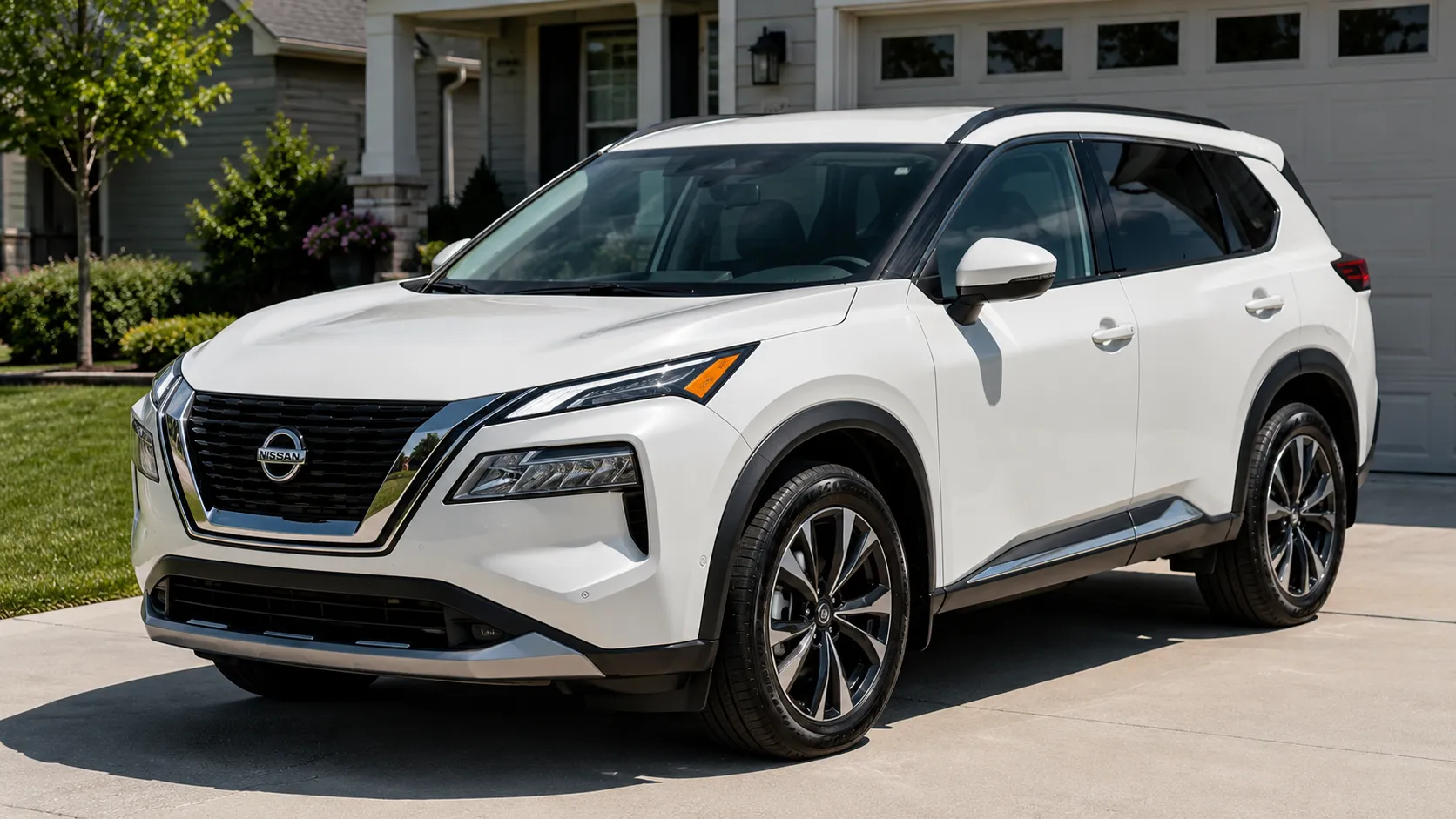 A white 2026 Nissan Rogue crossover parked in a suburban driveway in daylight, shot candidly at a three-quarter angle.