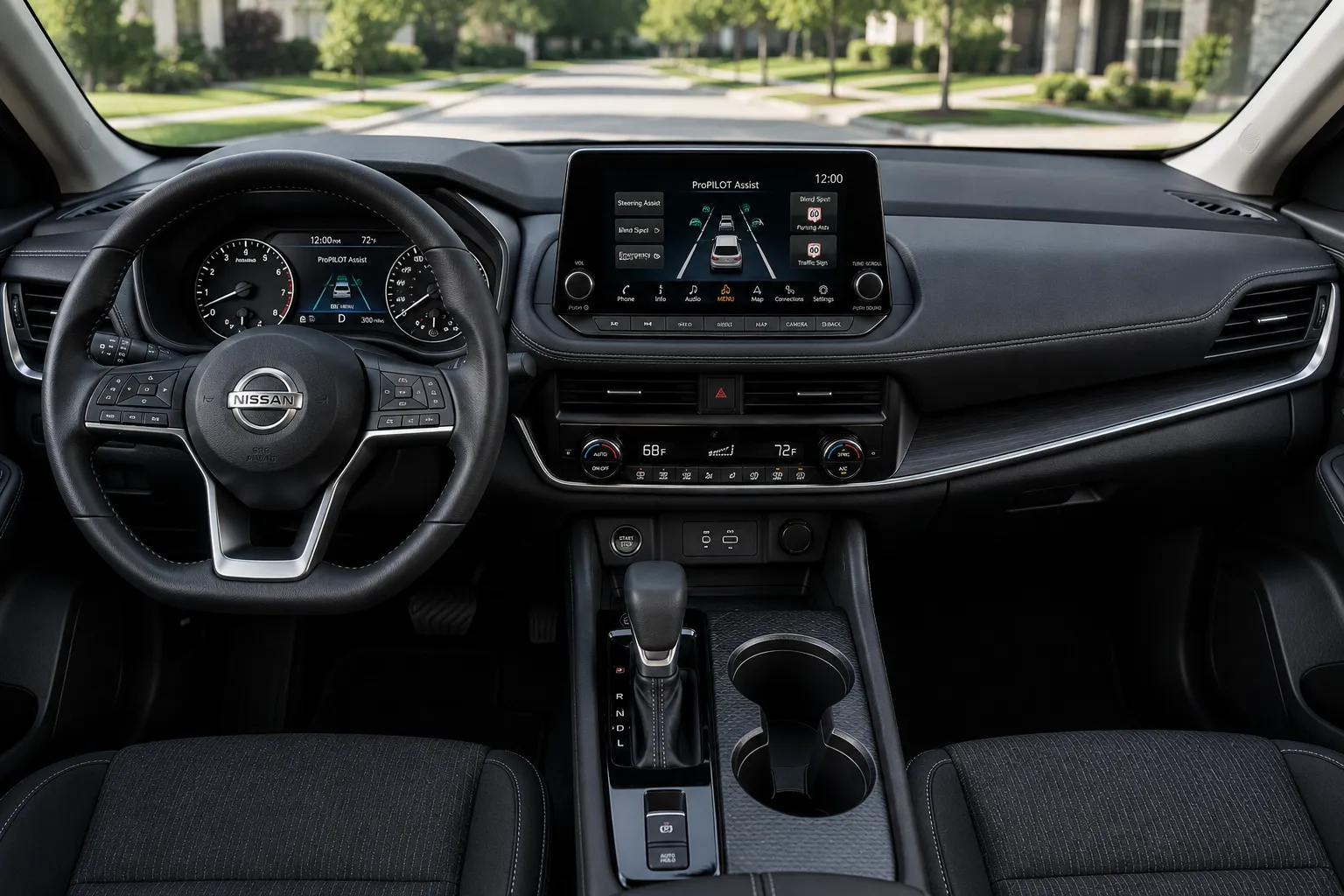 The dashboard and ProPILOT Assist display of a Nissan Rogue, lit by natural daylight.