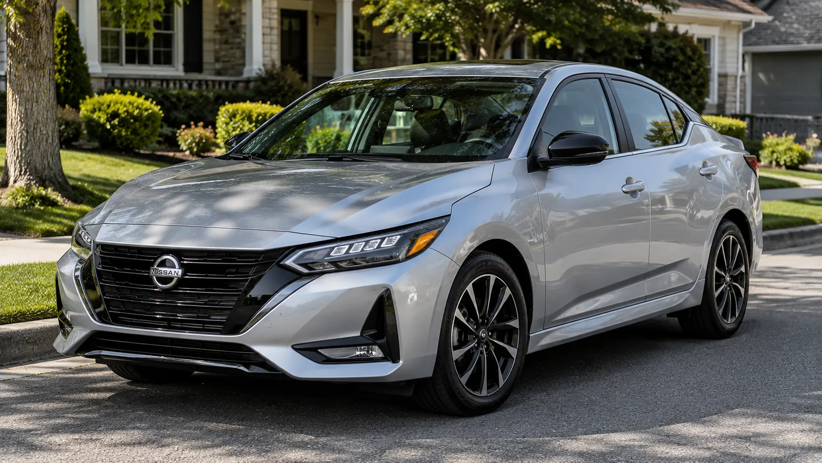 A silver 2026 Nissan Sentra sedan parked on a suburban street in daylight, shot candidly at a three-quarter angle.