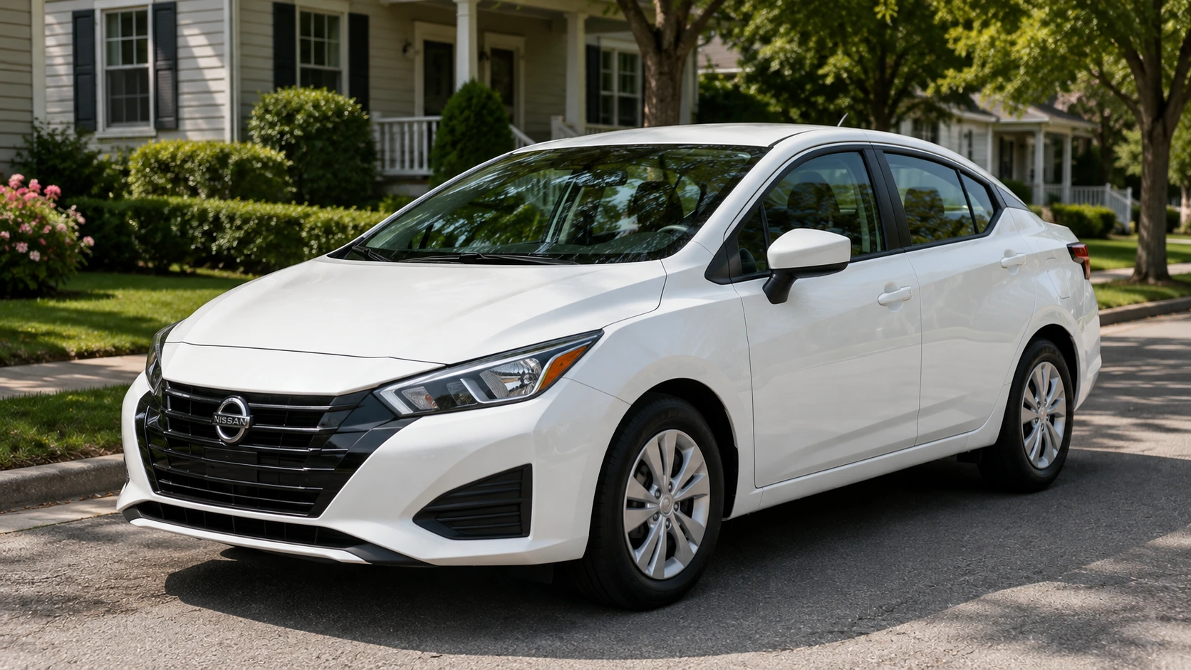 A white Nissan Versa sedan parked on a suburban street in daylight, shot candidly at a three-quarter angle.
