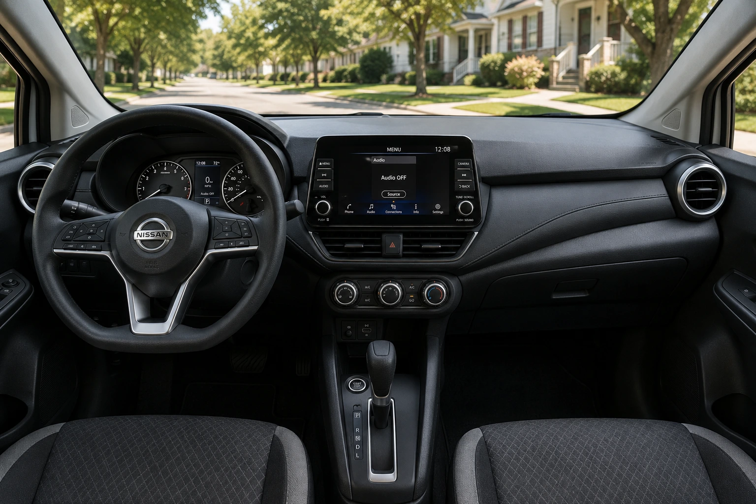 The dashboard and touchscreen of a Nissan Versa, lit by natural daylight.