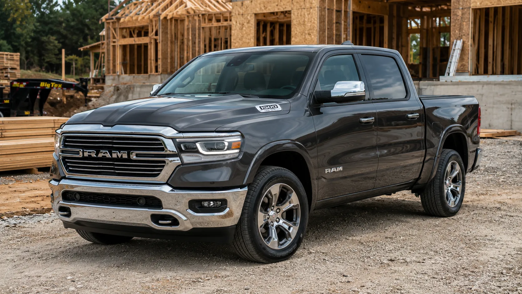 A dark gray 2026 Ram 1500 pickup truck parked at a job site in daylight, shot candidly at a three-quarter angle.